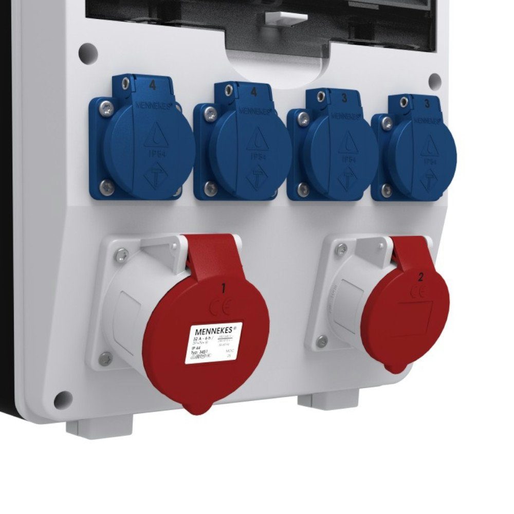Doktorvolt Stromverteiler TD-S/FI 16A 32A 4x230 Wandverteiler mit Mennekes Dosen Steckdosenverteiler 6-fach (1x LSS C16A 3P 10kA VDE, 1x LSS C32 3P 10kA VDE, 2x LSS C16A 1P 10kA VDE, Fi-Schalter 40A 30mA 4P Typ A), ausgestattet mit Mennekes-Steckdosen