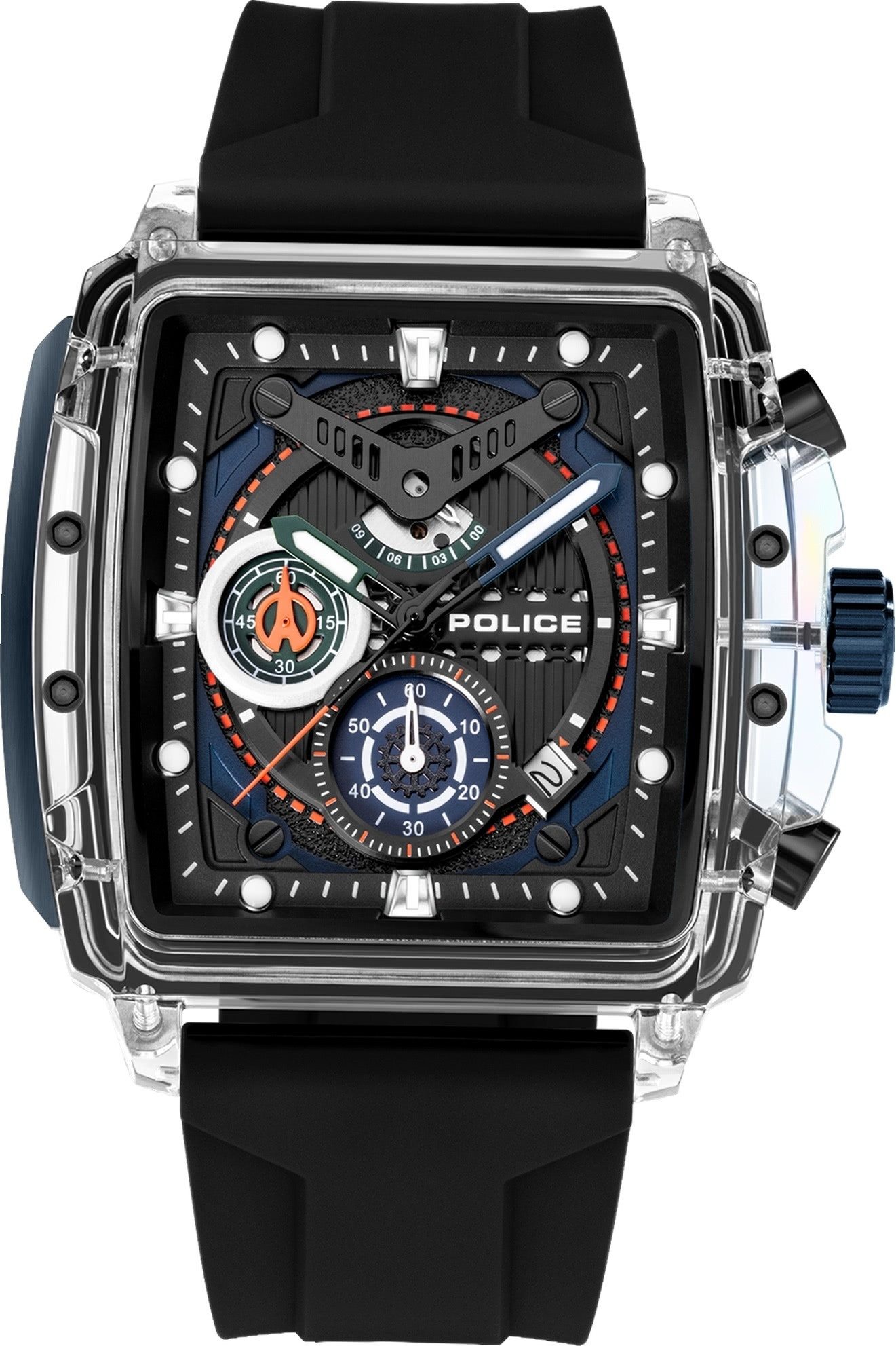 Police Chronograph Police Herrenuhr Silikon schwarz, (Chronograph), Herrenuhr rechteckig, tonneau, groß (43x43,8mm) Silikonarmband, Sport