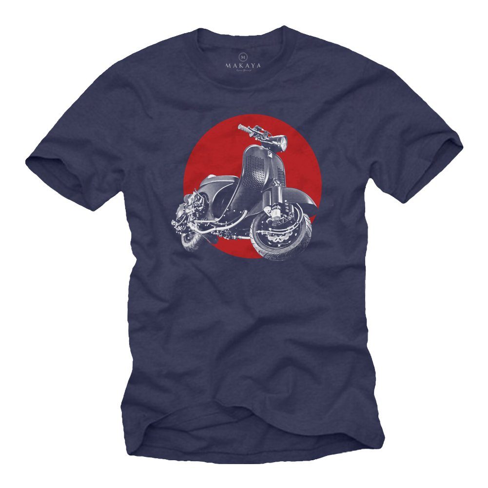 MAKAYA T-Shirt Herren Vintage Roller Motiv Italia Racing Scooter Hippie Style mit Druck, aus Baumwolle Blau