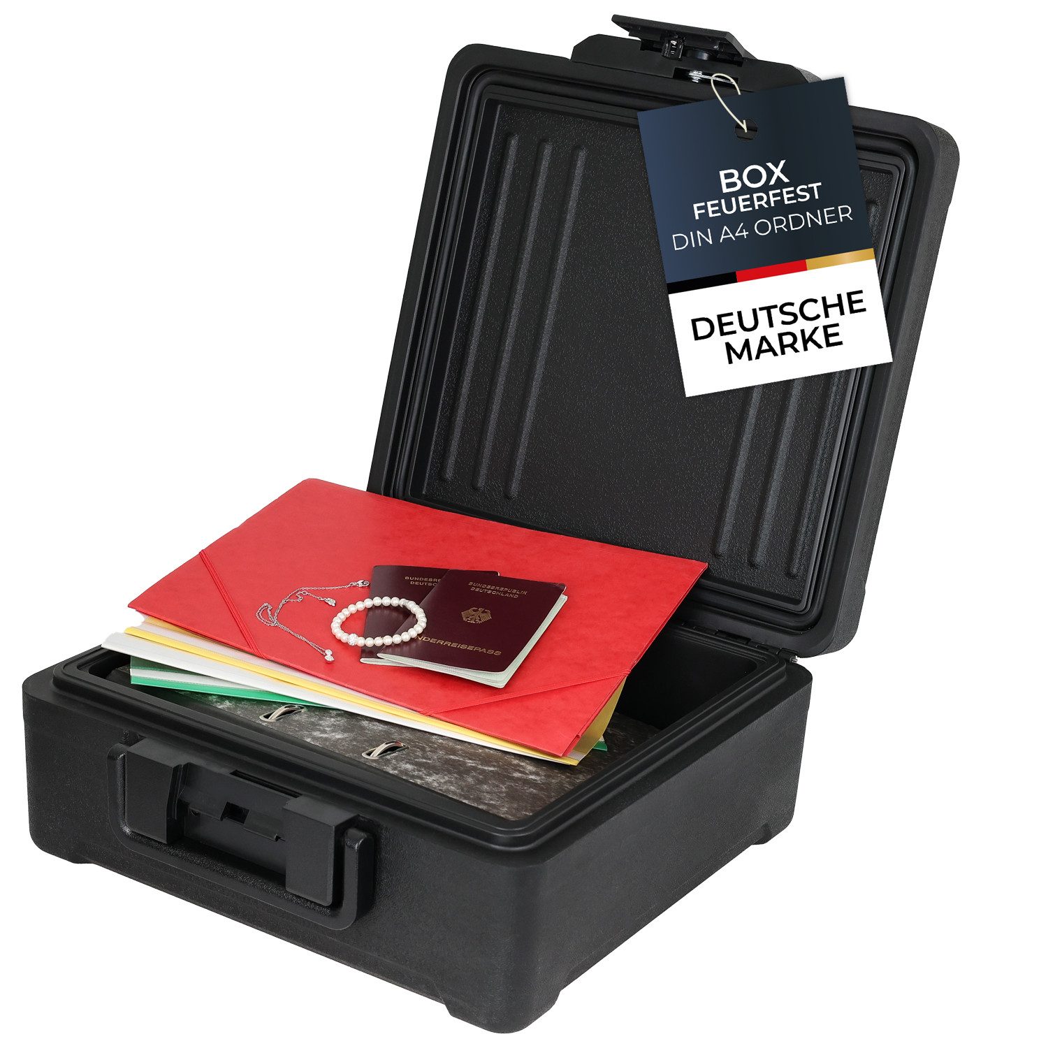 HMF Geldkassette Feuerfeste Dokumentenbox DIN A4 Ordner, wasserdichte Geldkassette, Dokumentensafe 39 x 40 x 17 cm, Schwarz