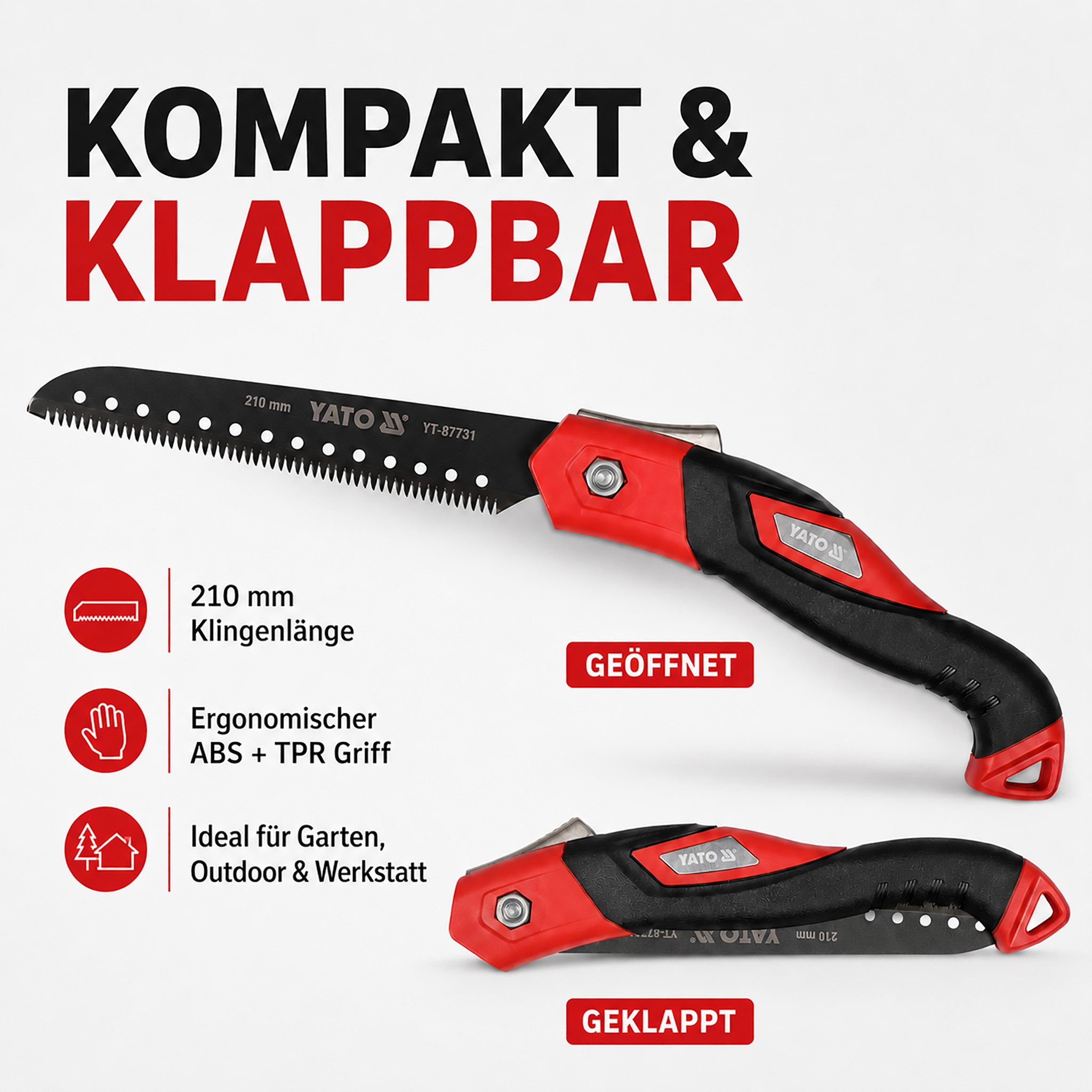 TOYA Gartensäge Astsäge Klappsäge 210 mm Typ YT-87731 Baumsäge Garten-Säge Handsäge (1-St), 62–64 HRC, 3 Schnittkanten