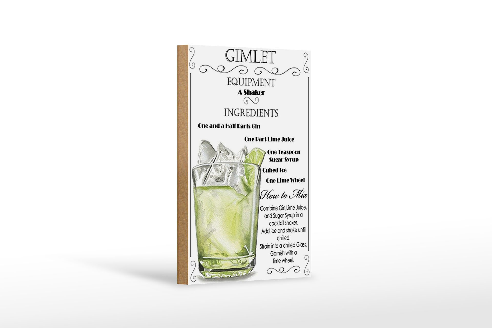 Holzbild 12x18 cm Gimlet Equipment ingredients