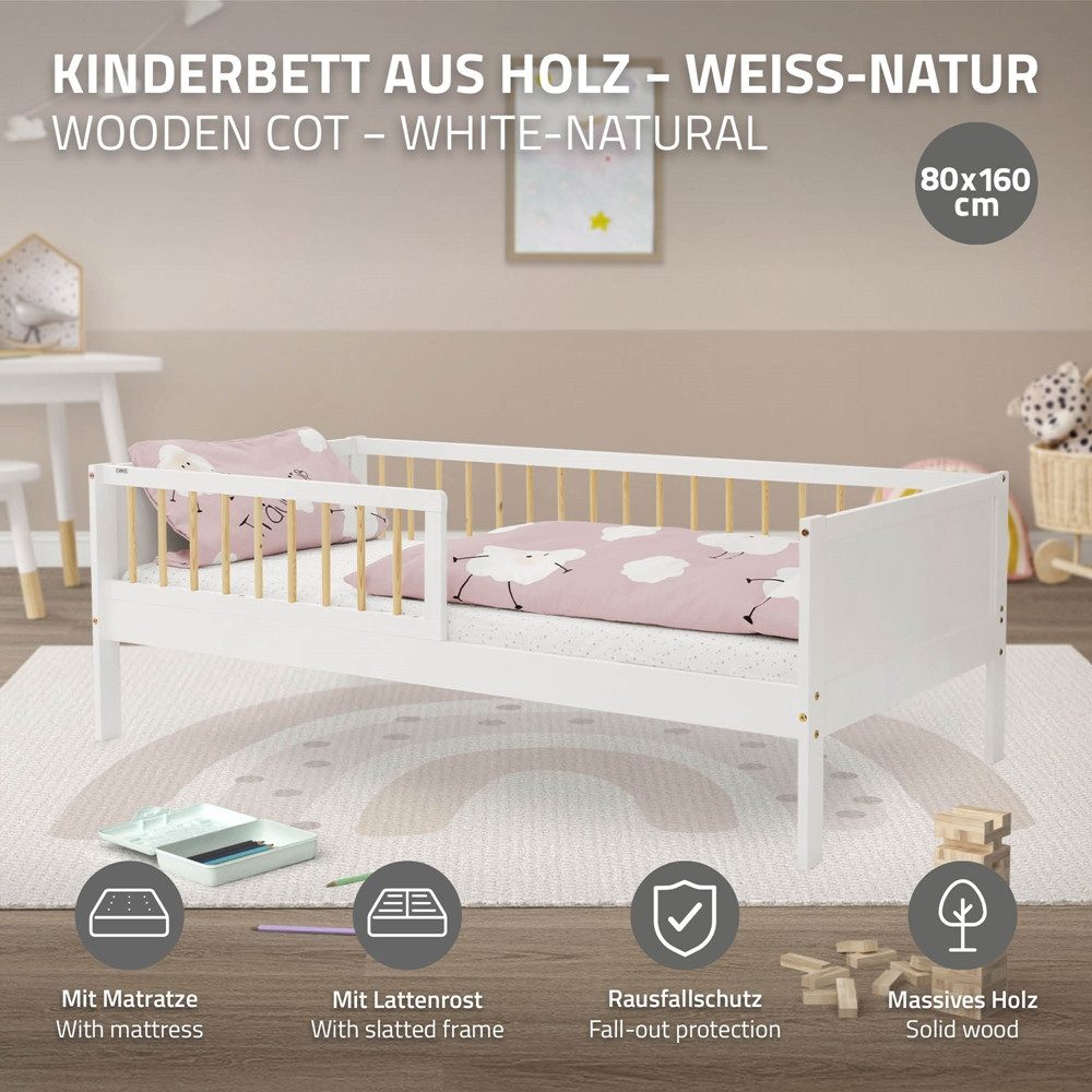 ML-DESIGN Jugendbett Bodenbett Juniorbett inkl. Lattenrost Einzelbett für Kinder Kinderbett, Junior-Bett mit Rausfallschutz & Matratze Bettrahmen aus MDF / Kief – Bild 2 von 5