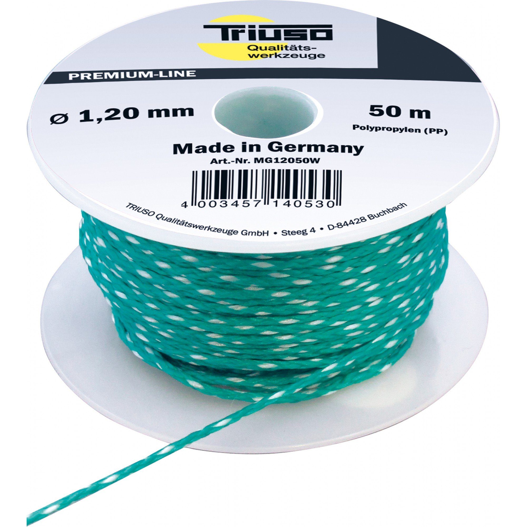 Triuso Schlagschnur Maurerschnur grün Ø2,0mm x 50m Polypropylen, auf Spule, besonders reißfest, flexibel, geschmeidig spannbar