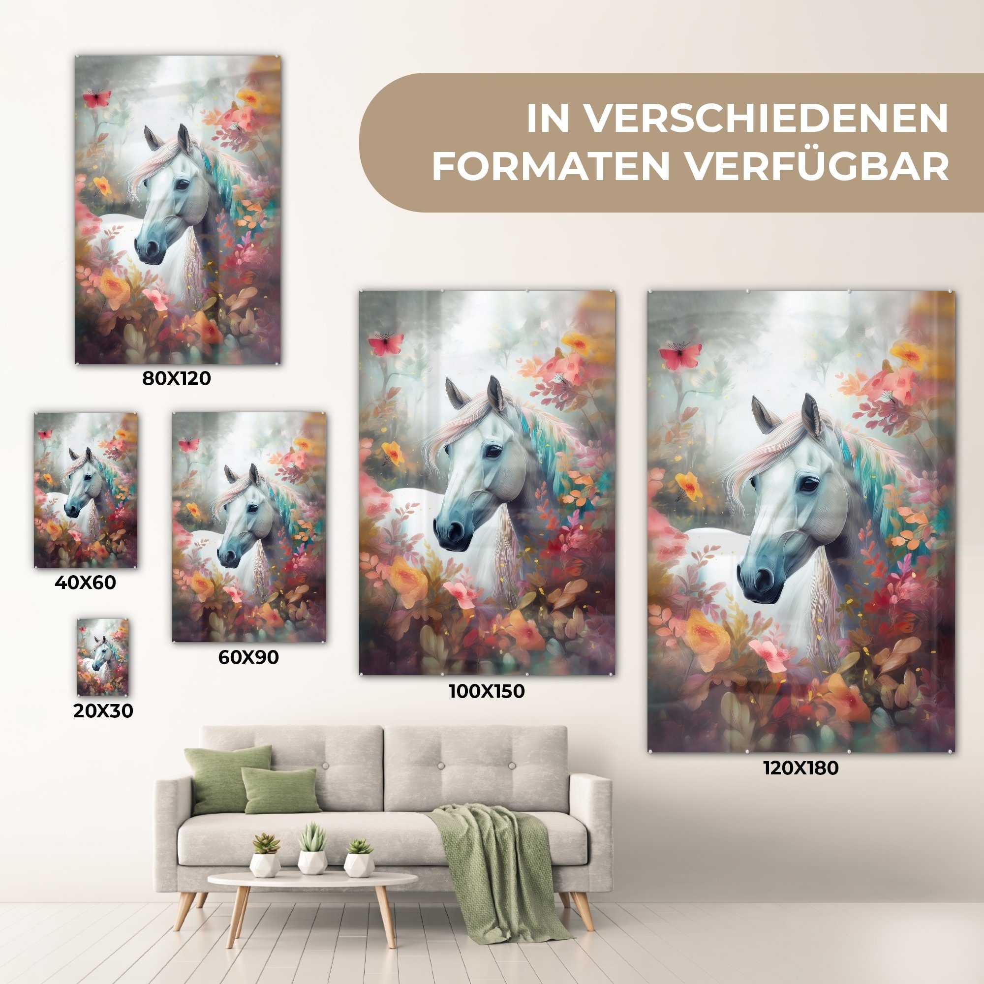 MuchoWow Acrylglasbild Wandbild Bilder - - Glas - Tiere - Natur - auf St), - Pferd auf Glasbilder - Wald, Foto Blumen Glas (1 Wanddekoration