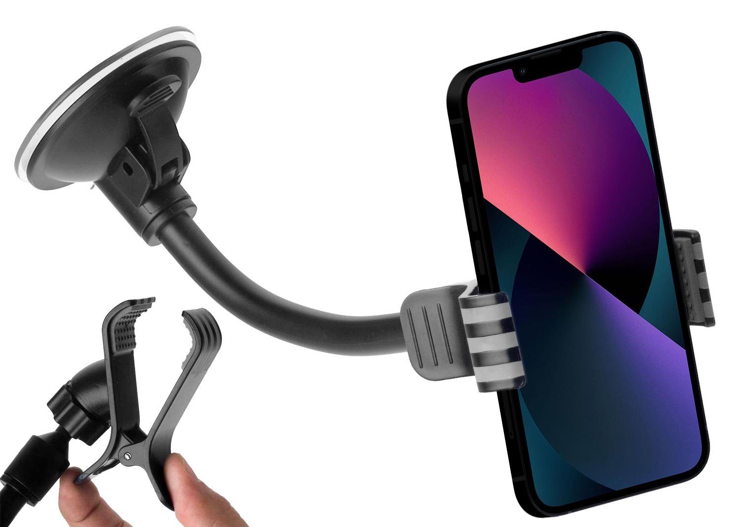 yayago Handy-Halterung Universal KFZ Handy Smartphone Halterung mit Saugnapf + Klemme, (Set, Set, Für alle Handys Smartphones mit einer Breite bis zu 10cm Case  – Bild 2 von 5