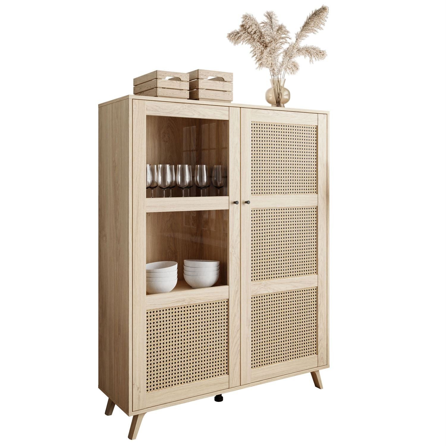 ALLHOUSE24 Hochkommode VERONA Vitrine Kommode Highboard mit Wiener Geflecht Dekor, Breite 120 cm