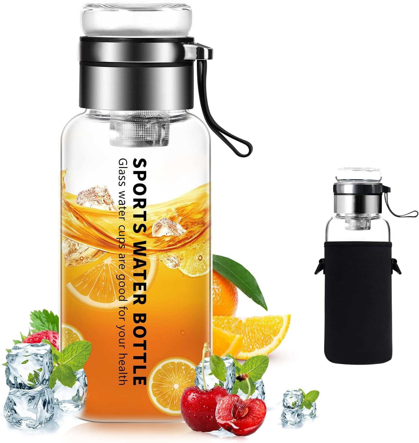 Coonoor Trinkflasche Glasflasche 1L - Wasserflasche Trinkflasche Glas mit Neoprenhülle, Glastrinkflasche mit Edelstahl-Sieb, Glasdeckel als Becher verwendbar