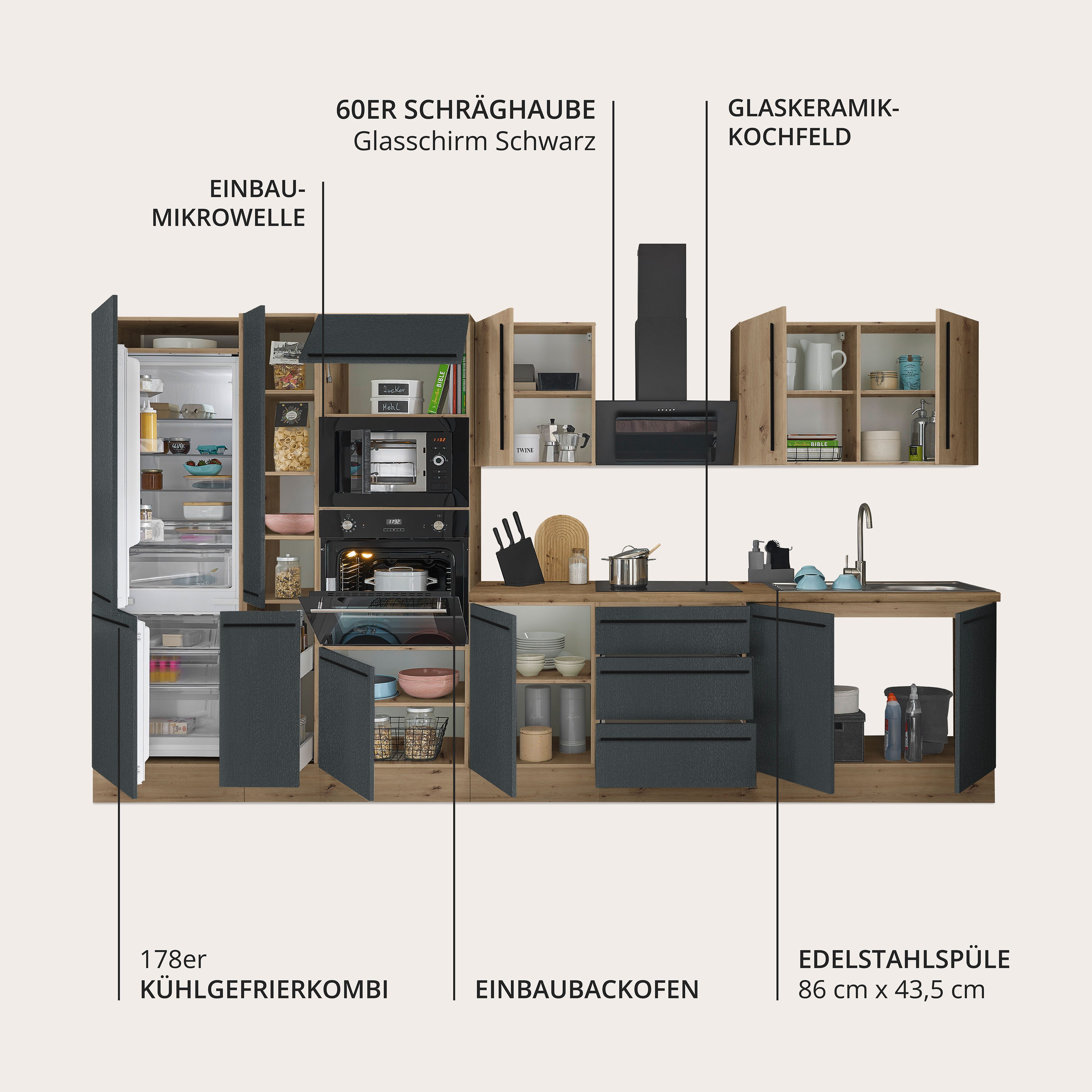 KOCHSTATION Küchenzeile Florida, Breite 360 cm, wahlweise mit E-Geräten,Softclose für Türen/Schubkästen