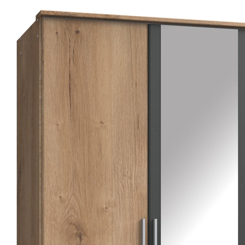 Holzwerkstoff, mit viel Optik 5-türig, Embu (Kleiderschrank, Drehtürenschrank Stauraum Modern Graphit Riviera Eiche Schubladen, - mit Spiegel, Mehrzweckschrank) Design, Stylefy aus