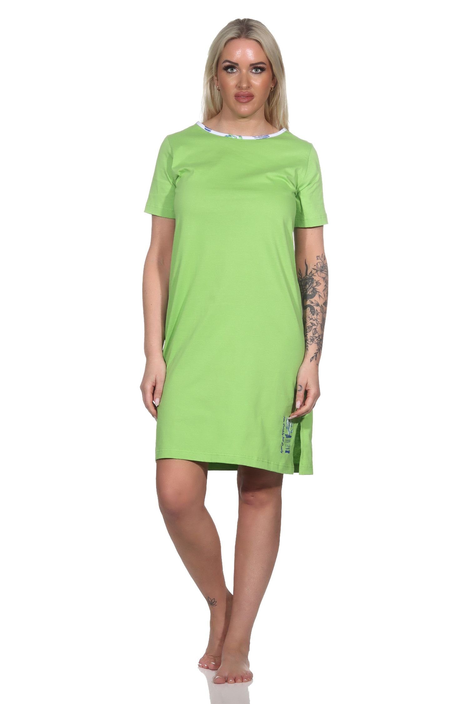 Normann Nachthemd Damen kurzarm Nachthemd grün mit als Kaktus Motiv