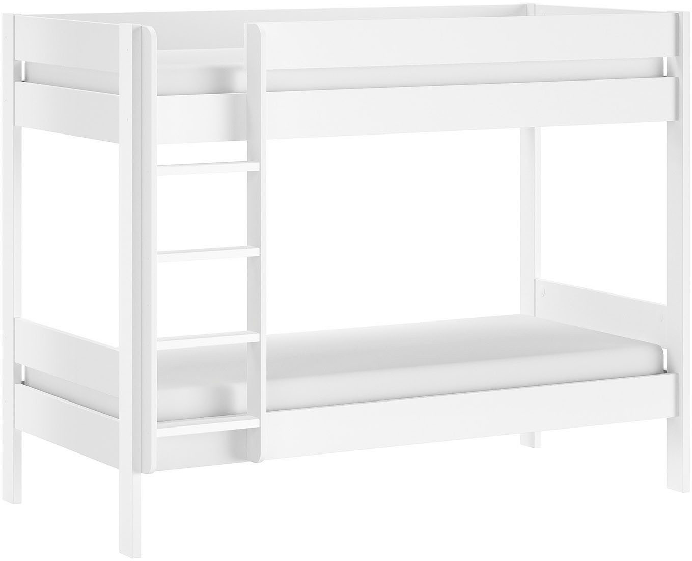 Vipack Etagenbett Primo mit 2 Liegeflächen 90 x 200 cm, inkl. Massivholz Rolllattenrost (Optimale Raumnutzung, oben umlaufender Absturzschutz), Kiefer massiv, weiß lackiert, ohne oder mit Bettschublade auf Rollen