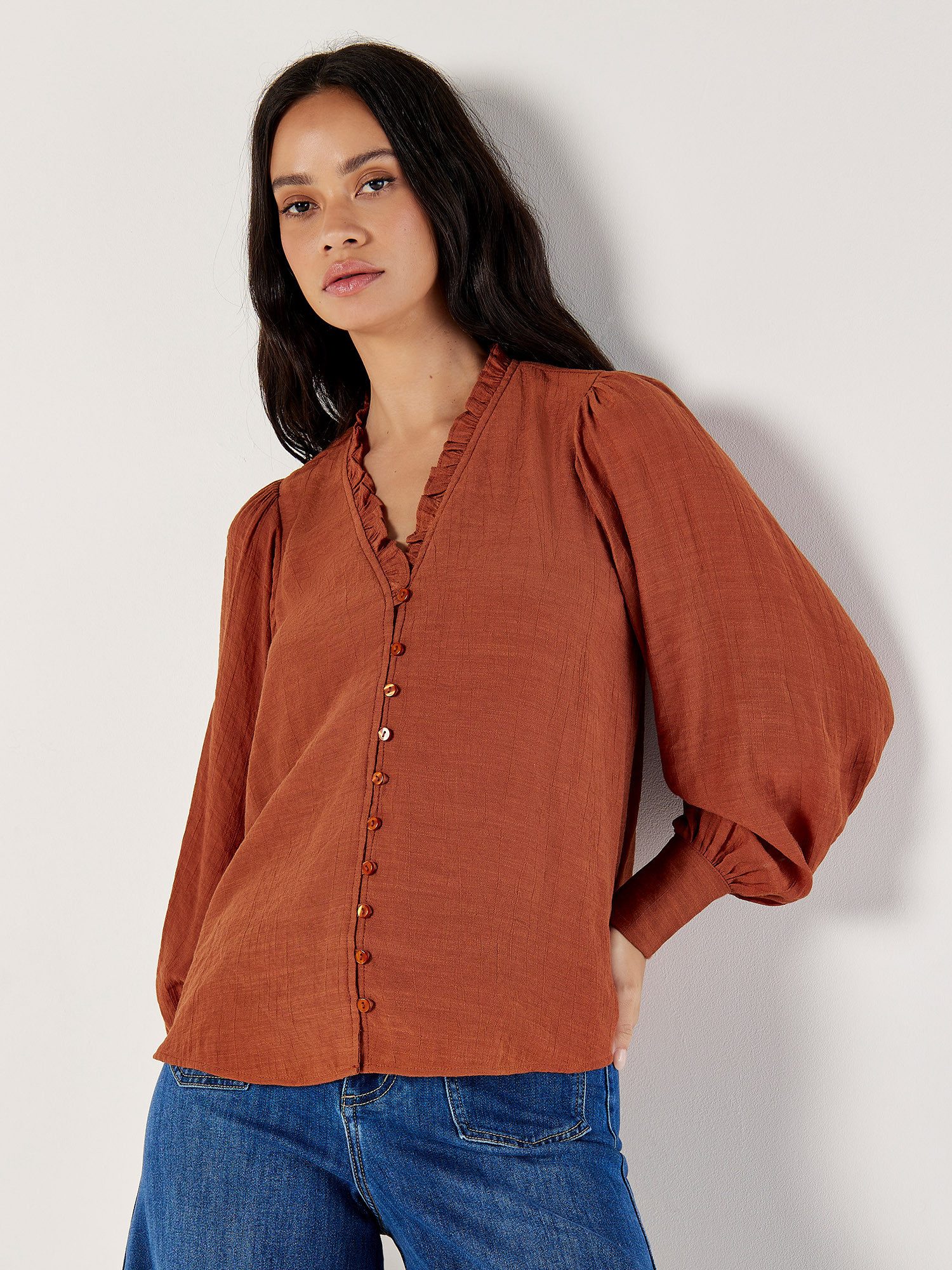 Apricot Shirtbluse in Unifarben mit Rüschen