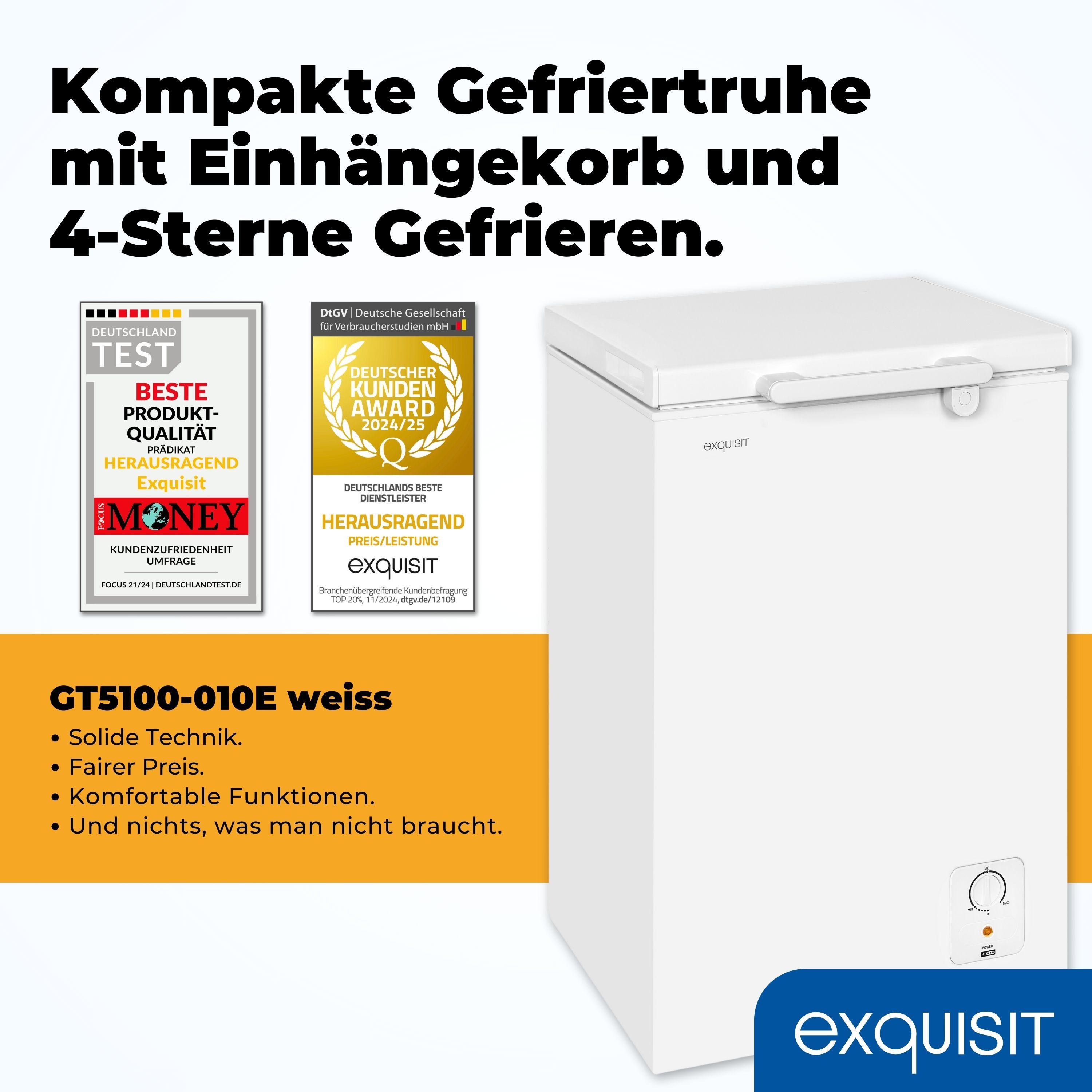 exquisit Gefriertruhe GT5100-010E, 54.6 cm breit, 95 l, 95 Liter, 4-Sterne-Gefrieren, 40 db, Einhängekorb, Kompakt