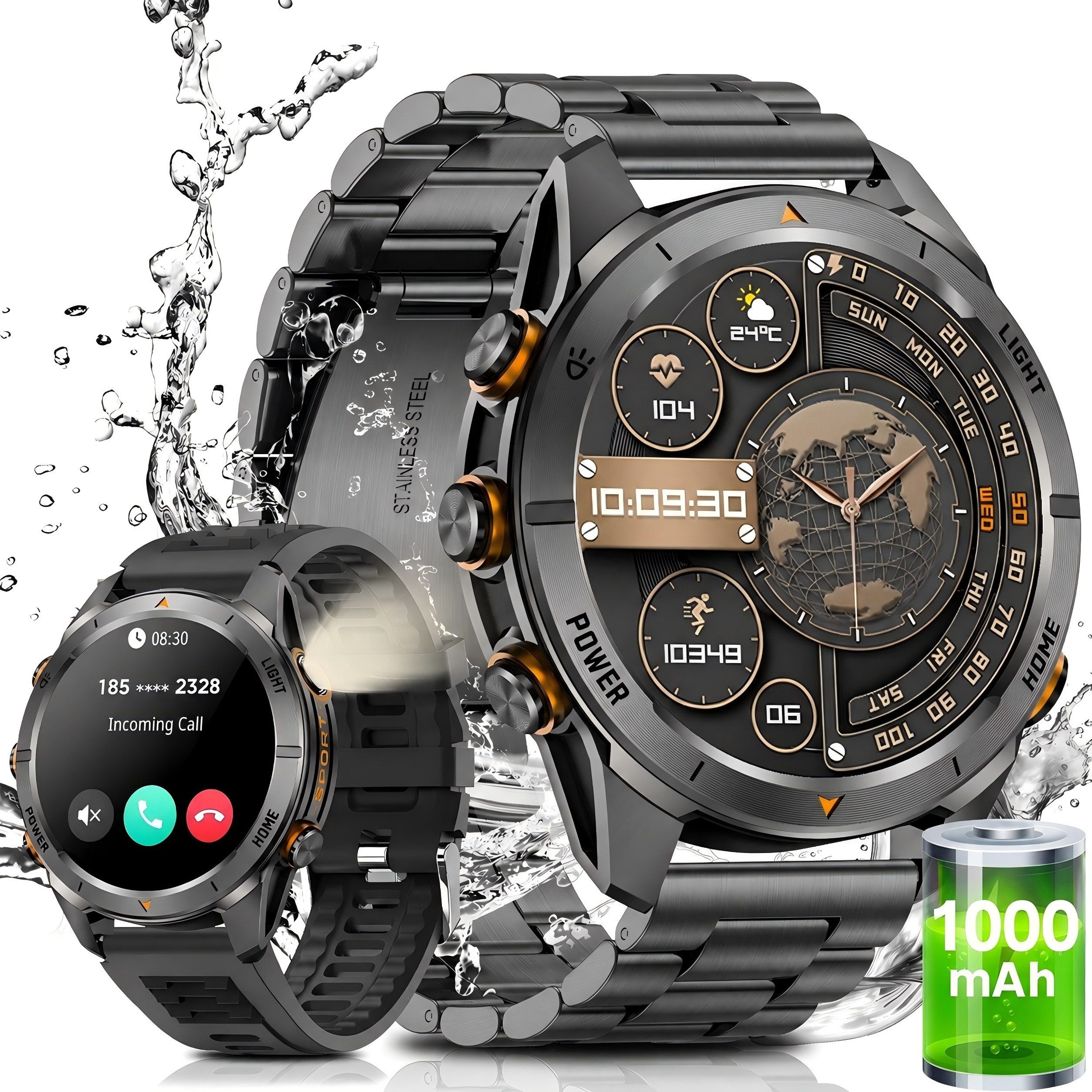 SWGOTA Smartwatch Herren Militär mit 1000mAh großer Akku 1,46" AMOLED-Display, Fitnesstracker mit 100+ Sportmodi/Herzfrequenz/Blutdruck/SpO2, Fitnessuhr Herren für Android iOS mit Schlafüberwachung