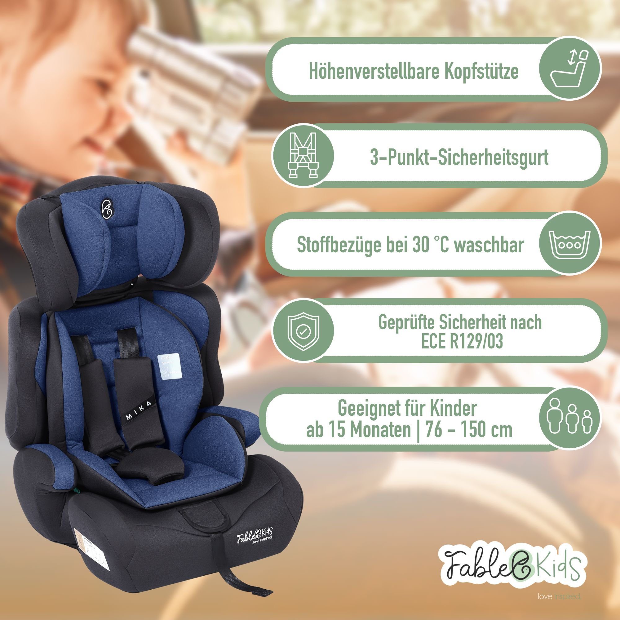 FableKids Autokindersitz Sitzerhöhung i-Size 76–150 cm, vorwärtsgerichtet, 3-Punkt-Gurt, ab: 15 Monaten, bis: 12 Jahre, Pflegeleicht: Bezug abnehmbar und waschbar