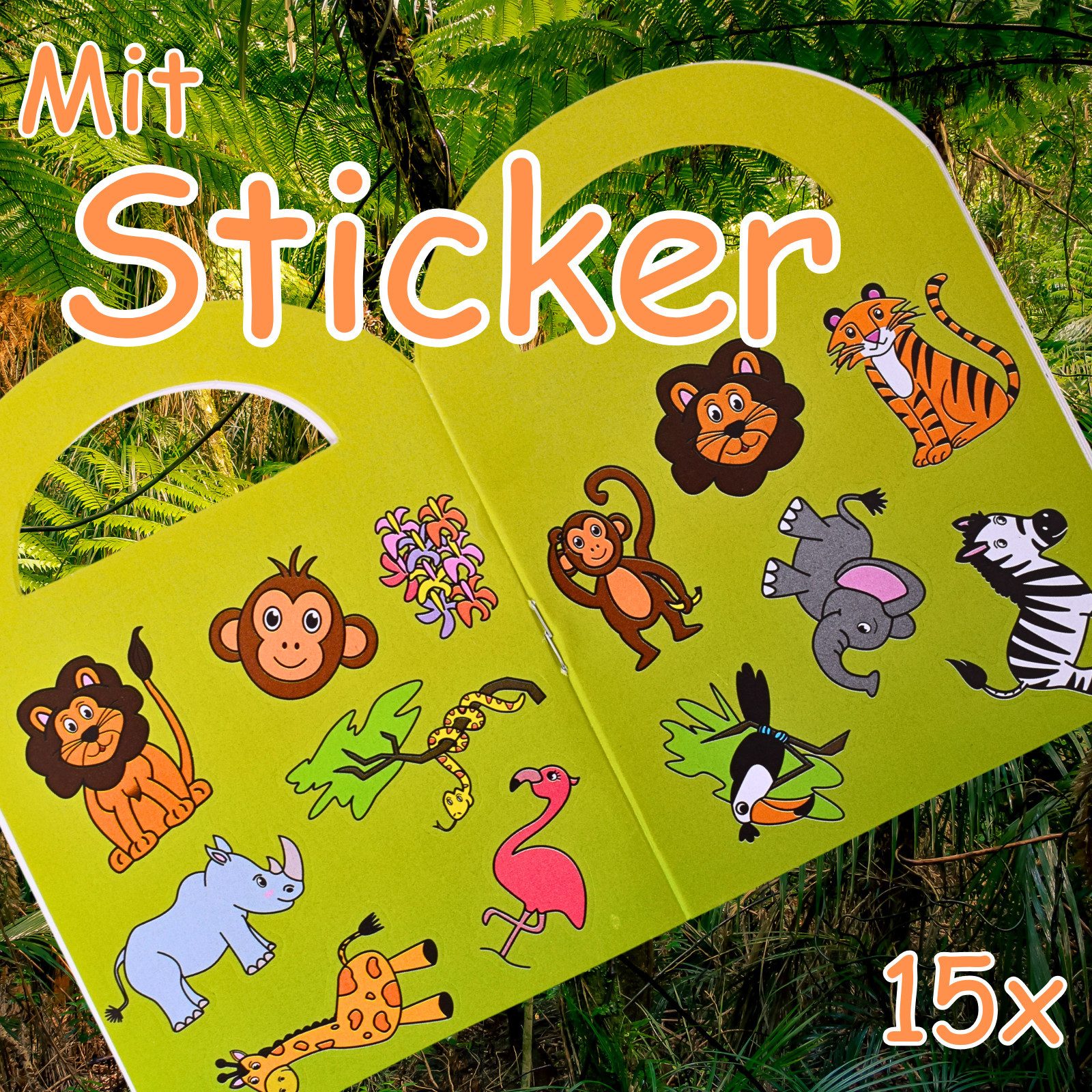 TE-Trend Stickerbuch 12 Stück Dschungel Motiv Malheft Ausmalheft Set mit je 15 Sticker, mit 15 Halloween Stickern – Bild 2 von 5