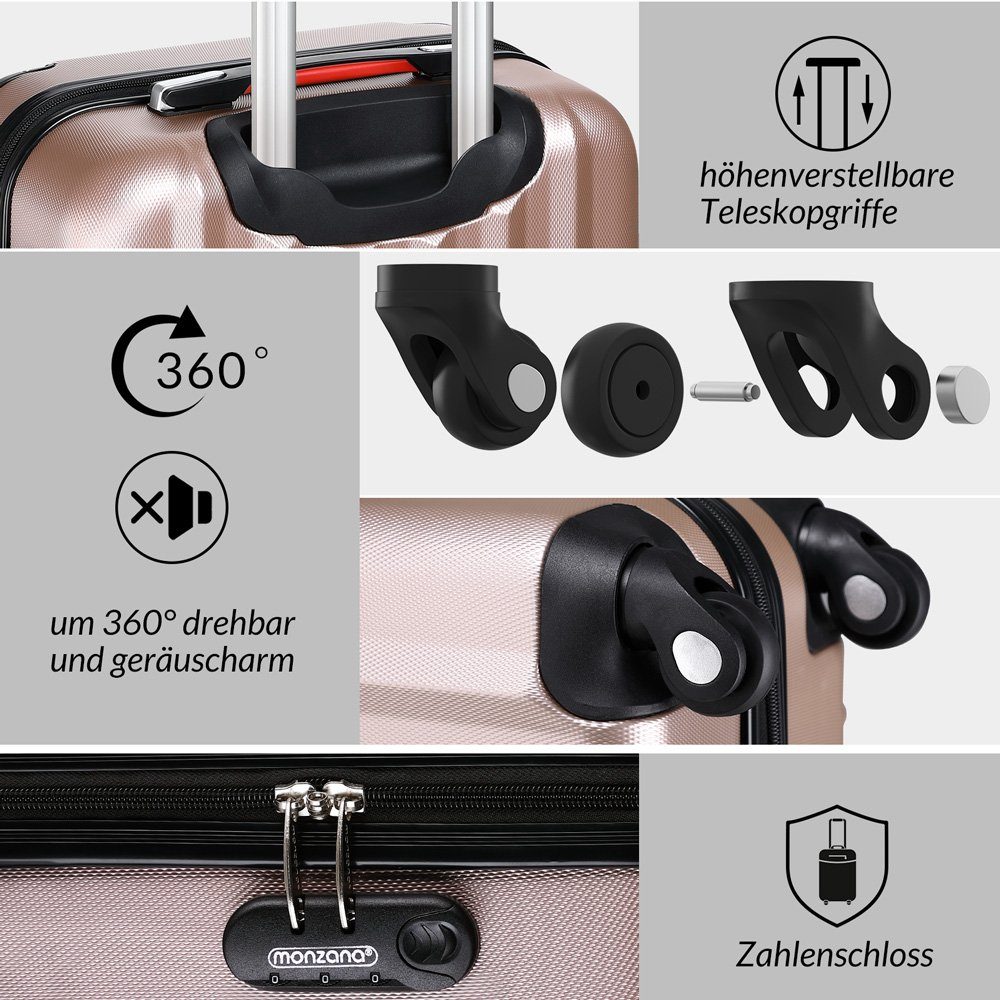 monzana Koffer Monzana, 4 Rollen, Baseline 4tlg Rose-Gold Beautycase M L XL Gelgriffe Zahlenschloss
