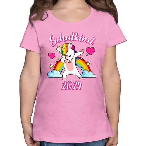 Shirtracer T-Shirt Schulkind 2024 dabbendes Einhorn Regenbogen Einschulung Mädchen