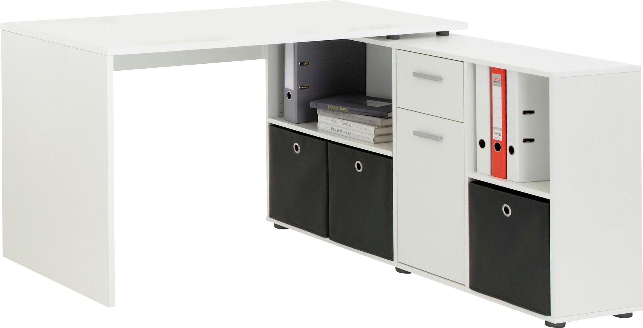 FMD Eckschreibtisch Lex, Schreibtisch / Sideboard, drehbar, Breite 136 / 205 cm, Made in Germany weiß