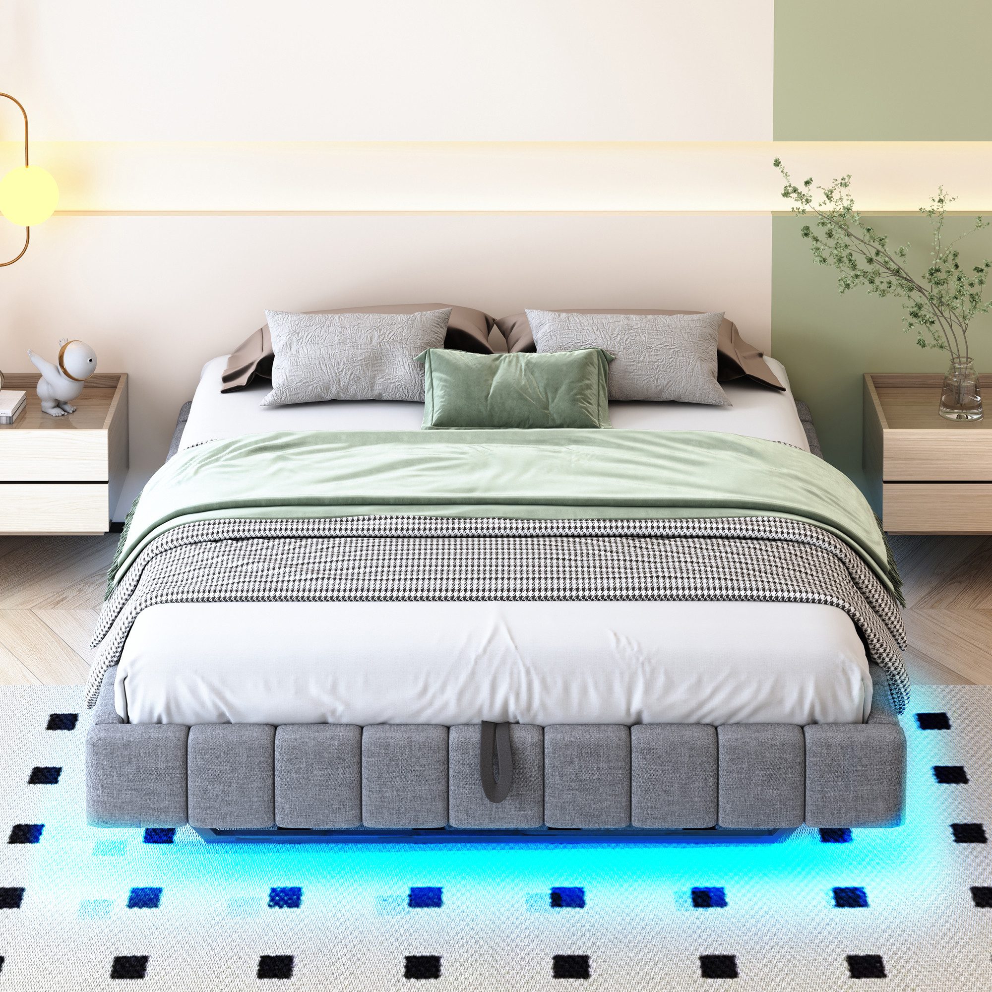 Merax Polsterbett schwebendes Design mit LED-Lichtleiste (1-tlg., Hydraulisches Stauraumbett Mehrzweckbett), Doppelbett 160x200cm mit hydraulischem Stauraum, ohne Kopfteil, Leinen