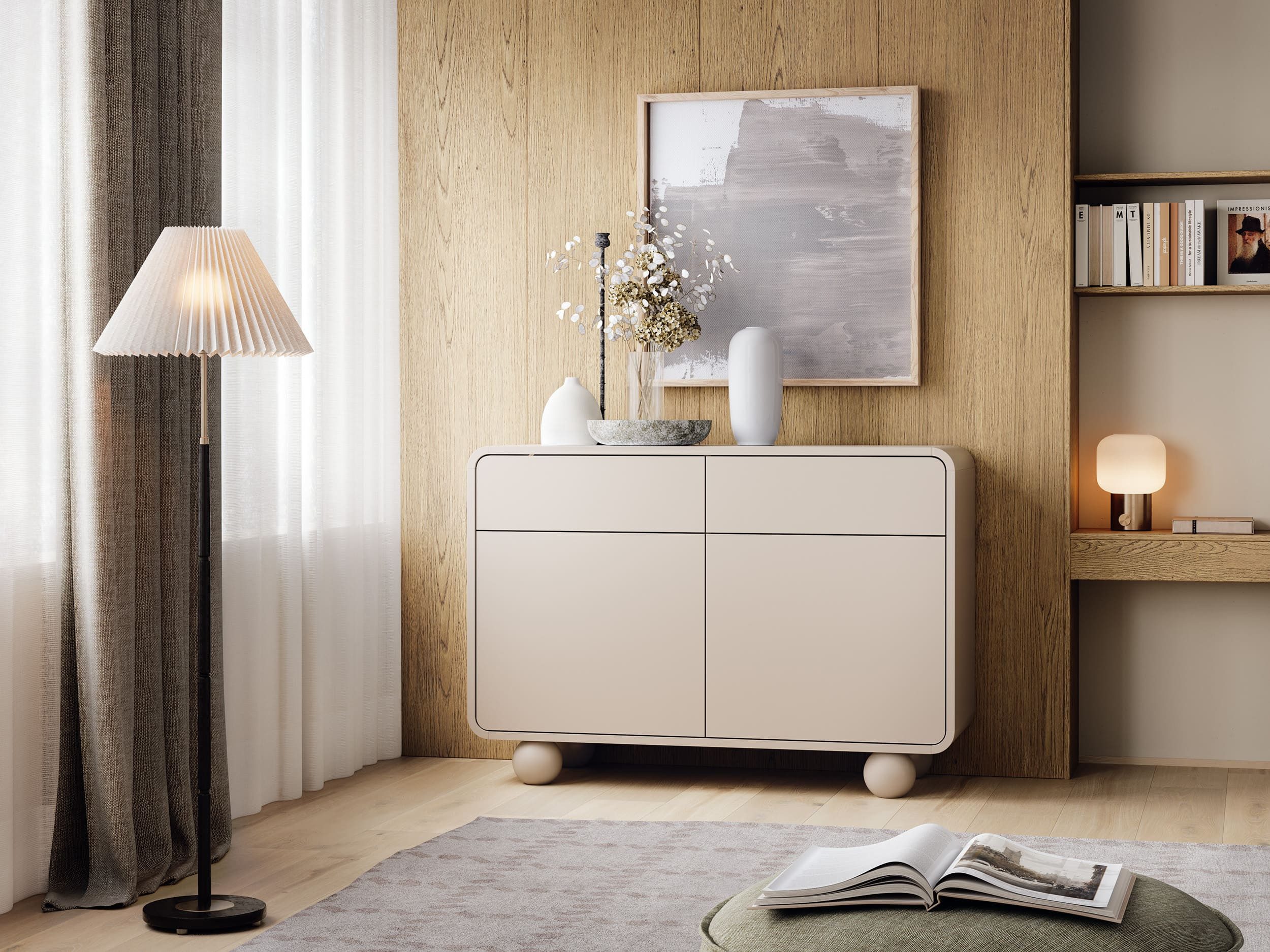 MOEBLO Kommode BERLIN KSZ108 (in Kaschmir, Sideboard mit abgerundeter Form, 2 Türen, 2 Schubladen, Push-to-open und Kugelfüßen, Sideboard Wohnzimmer Kommode Schlafzimmer Komodenschrank), (BxHxT): 108 x 75 x 39 cm