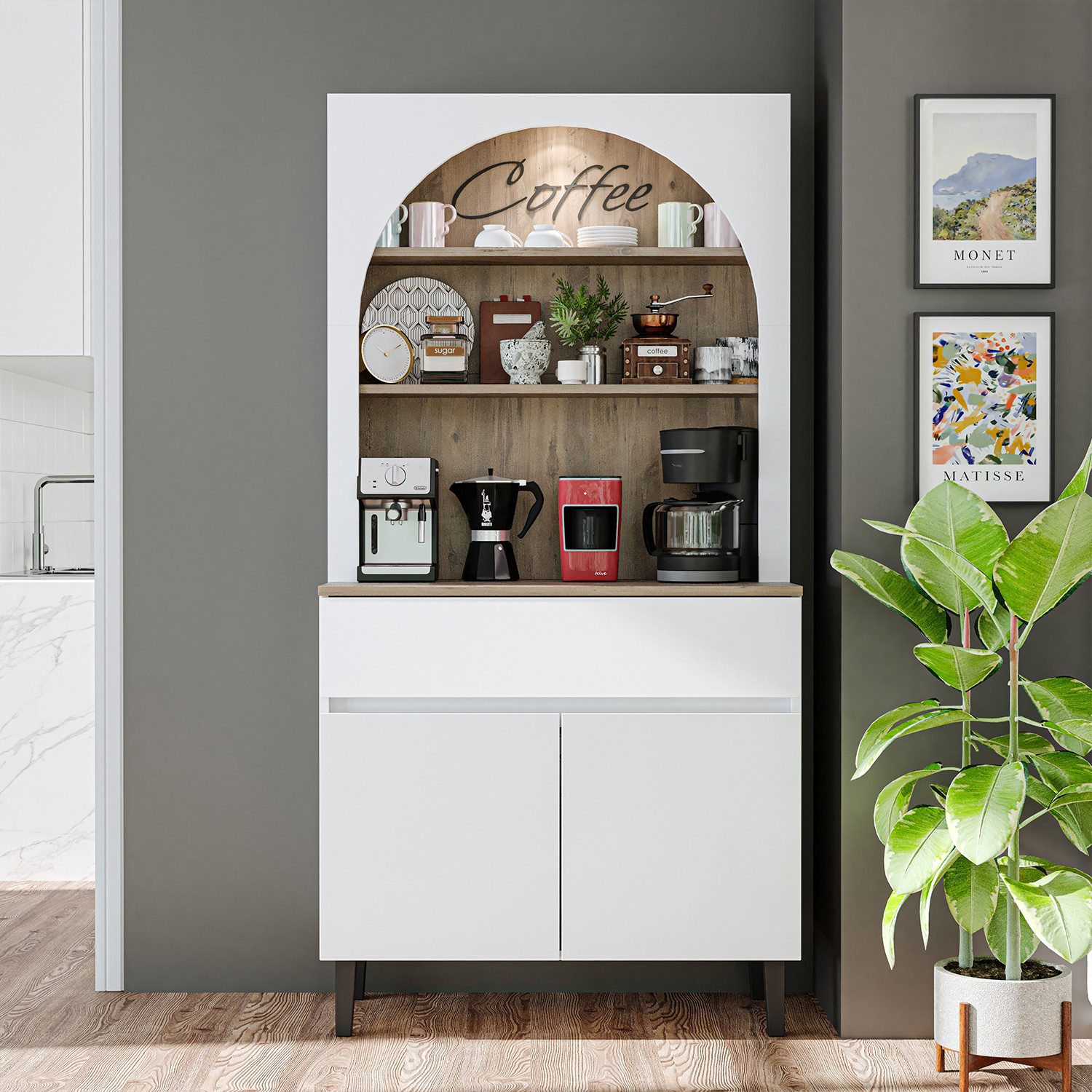 Roomart Küchenregal VENEDIK Küchenschrank 90 cm, Buffet, Schublade in 4 Farben, mit Beleuchtung, offene Nische, Schublade, Einlegeböden in 4 Farben