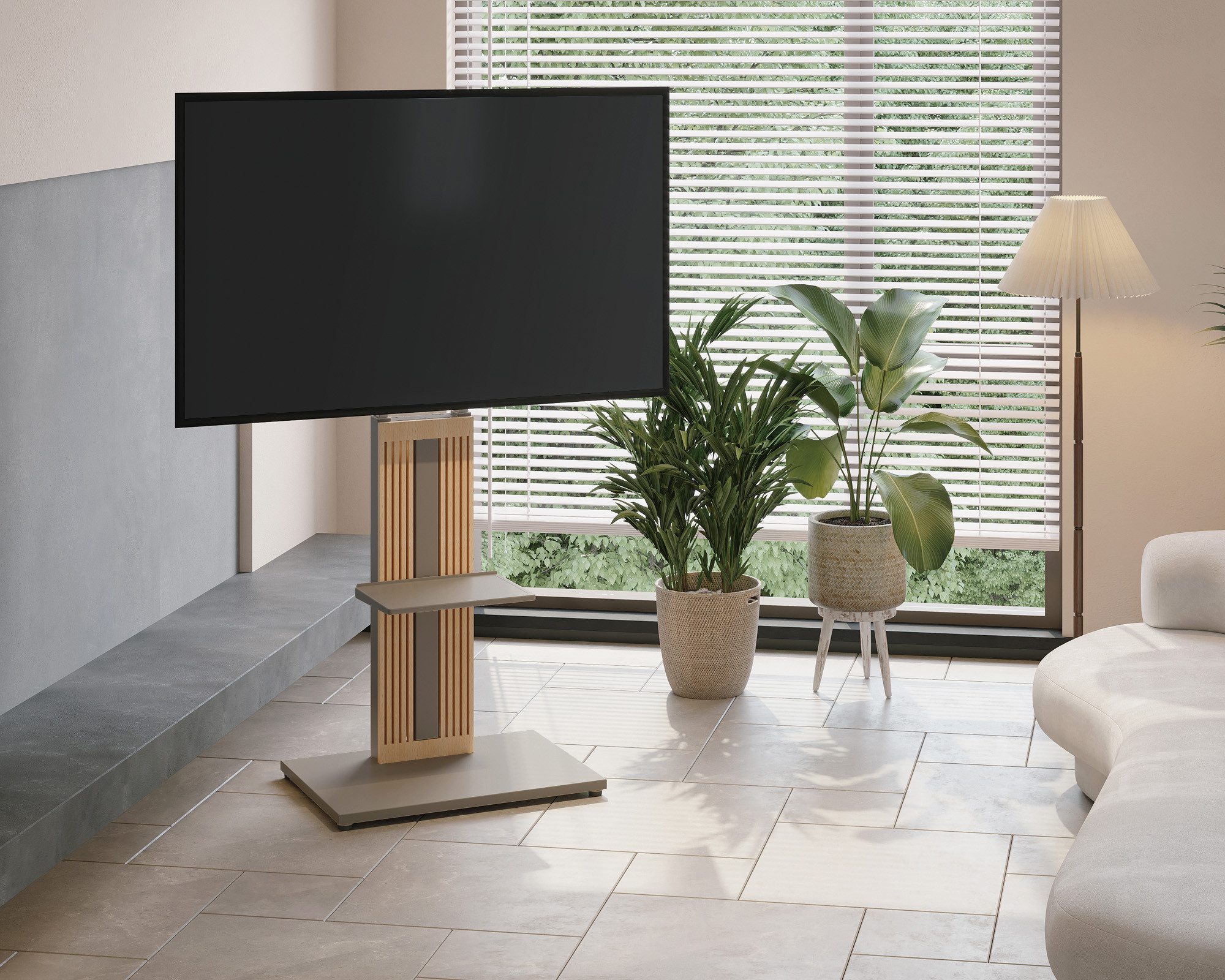 FITUEYES TV-Ständer aus Holz, mit höhenverstellbarer Ablage, ±15° schwenkbar, 32-65 Zoll, (bis 65,00 Zoll, höhenverstellbar, mit Kabelmanagement) – Bild 4 von 5