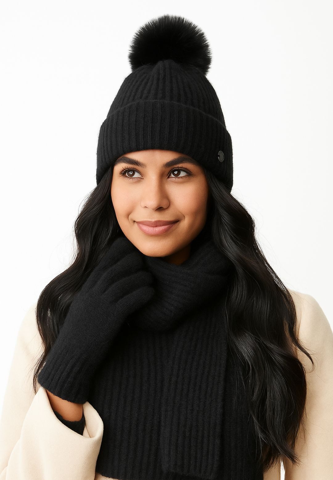 Respect Beanie Strick-Set mit Bommelmütze, Schal und Handschuhen (One size) mit Bommel