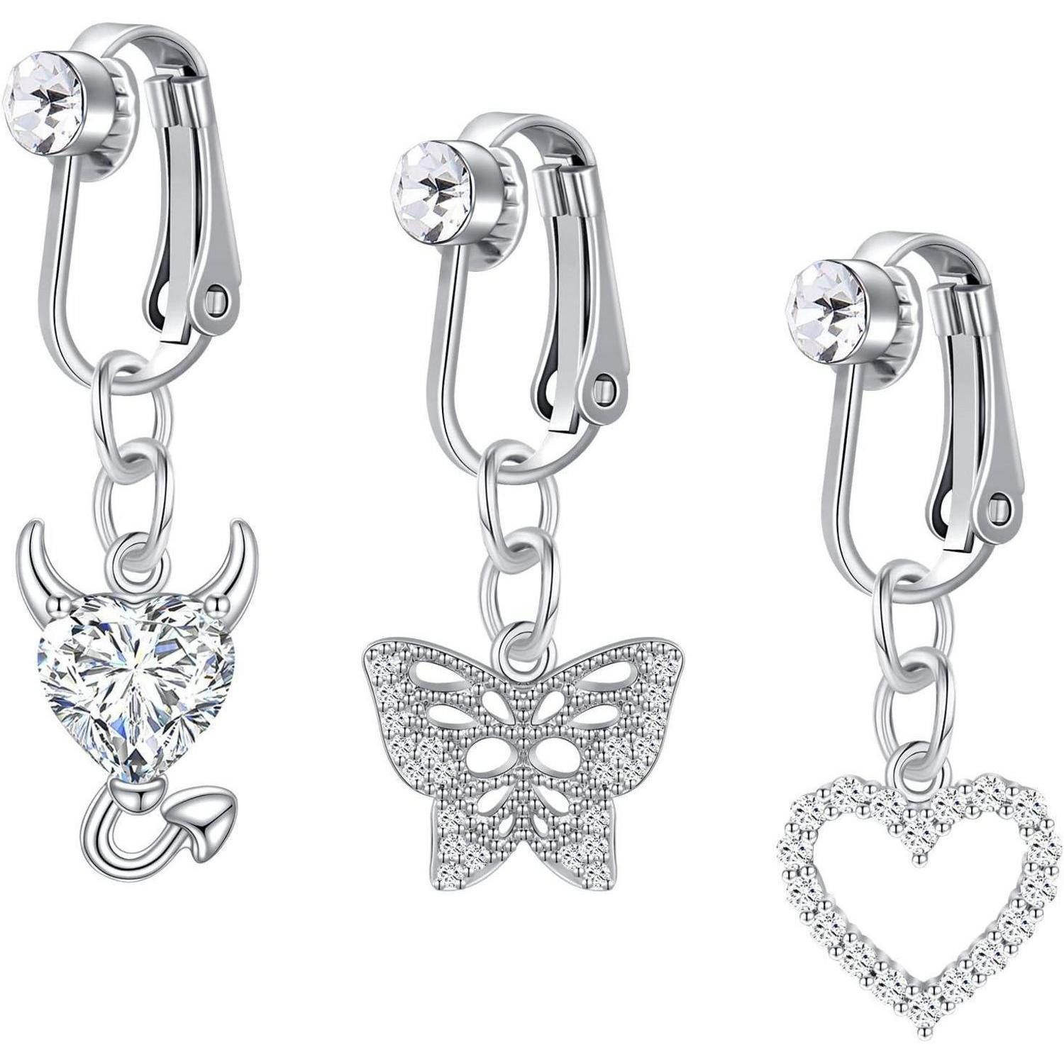 Crdifu Bauchnabelpiercing-Set 3er Set Fake Bauchnabelpiercing Klemmen Silber Herz Schmetterling