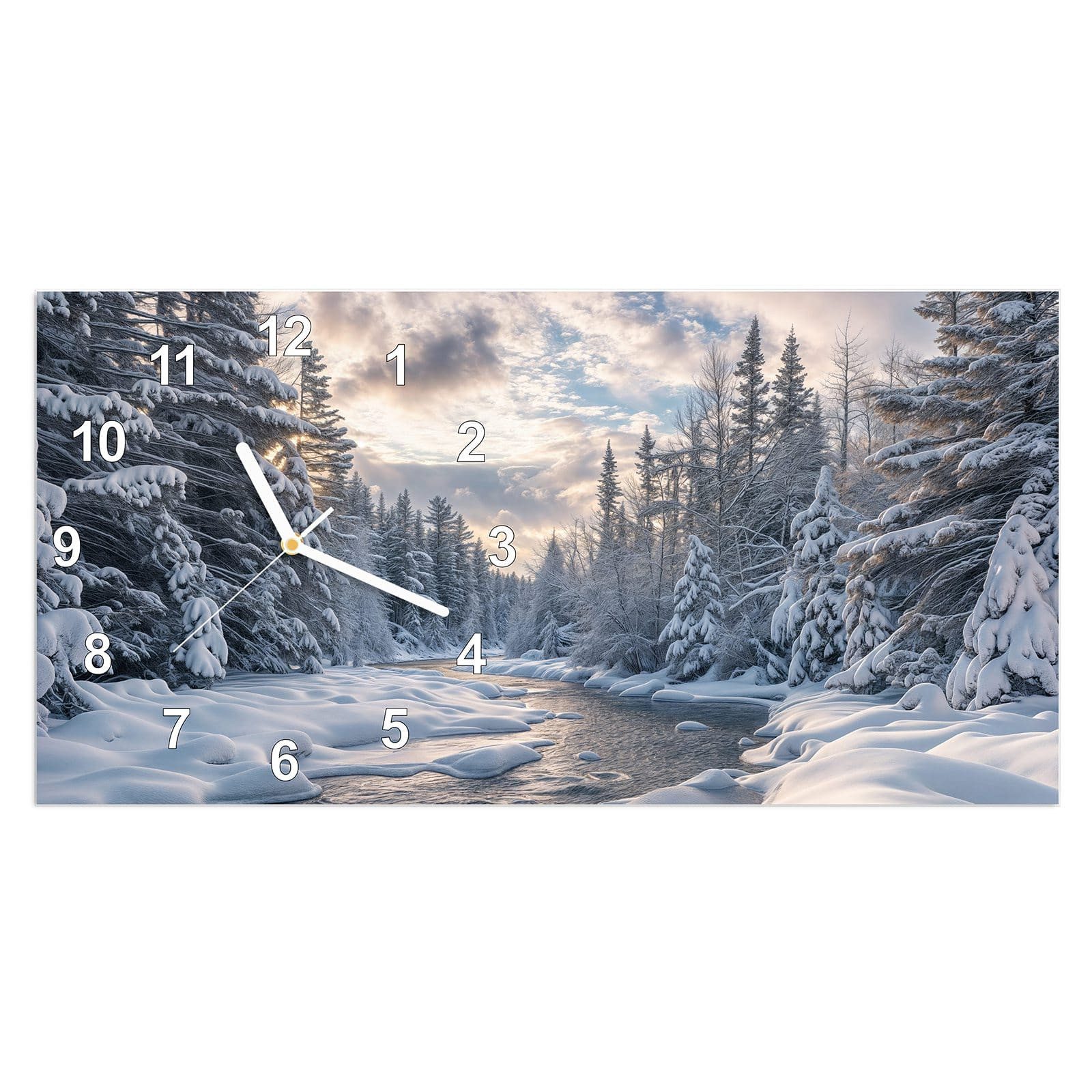 Wanduhr Glasuhr Wandkunst Größe 60 x 30 cm mit Motiv Winterfluss