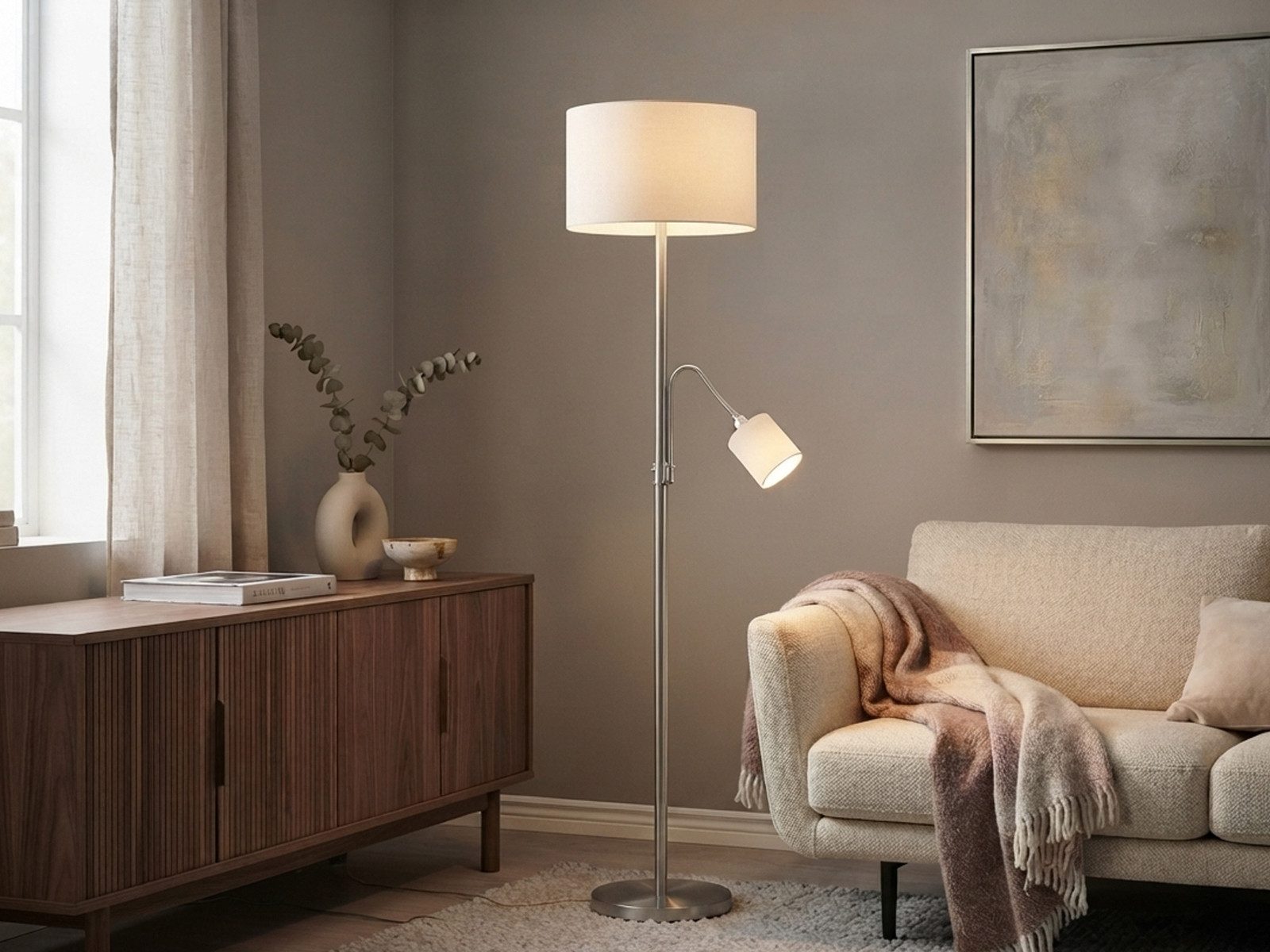 TRIO Leuchten LED Stehlampe mit Leselampe & Stoffschirm Höhe 170cm, dimmbar, LED wechselbar, Warmweiß, Designklassiker Steh-Leuchte groß für Lese-Ecke stehend