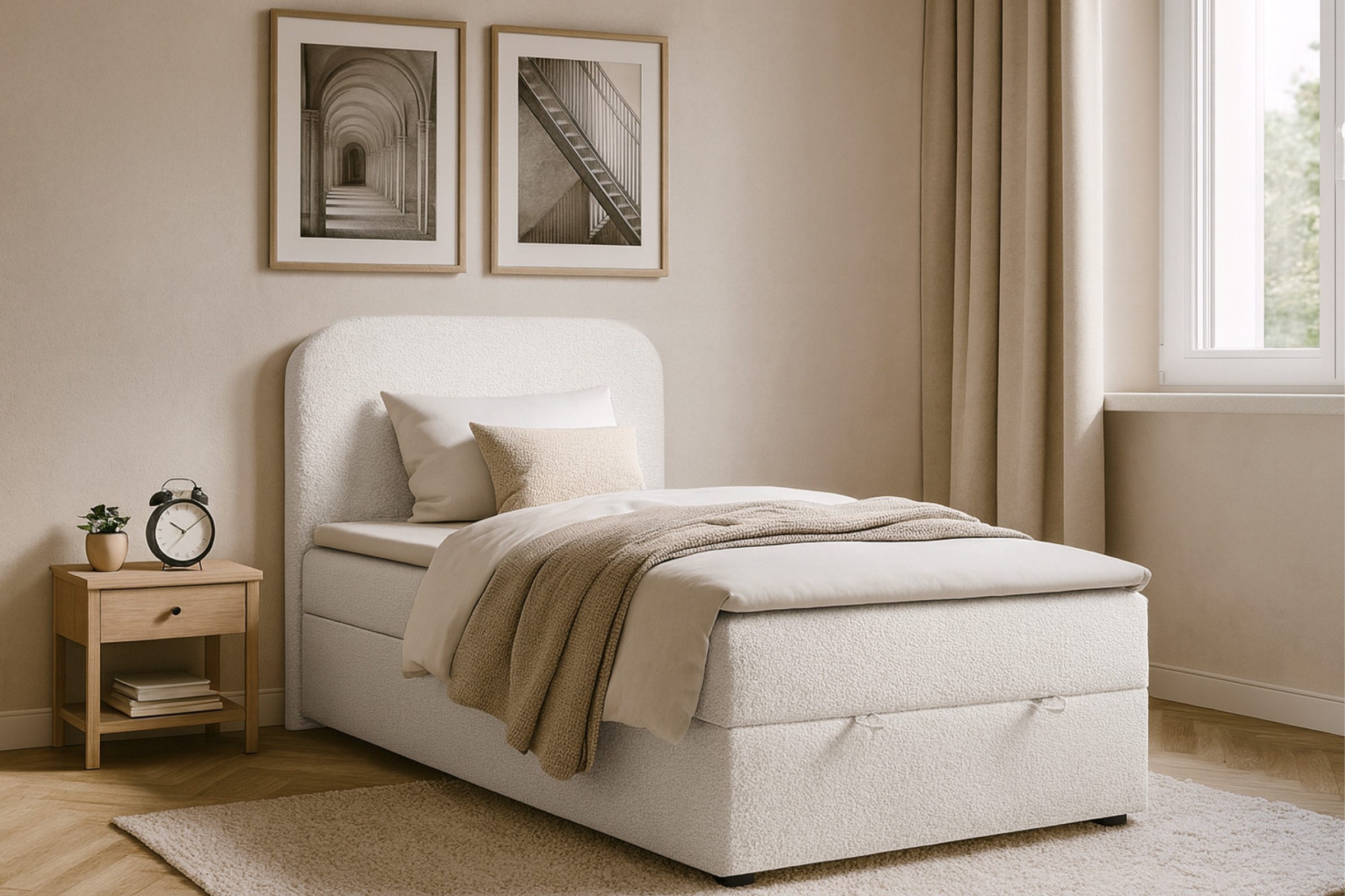 Deine Möbel 24 Boxspringbett CLOUD Boxbett Polsterbett Komplettbett inkl. Matratze H3 H4 Topper (Set Bett für Jugendliche Hotelbett, 3-St., Jugendbett inkl. Matratze H3 H4 Kaltschaum-Topper Bettkasten), 100x200 120x200 Weiß Grau Stoff Boucle Premium