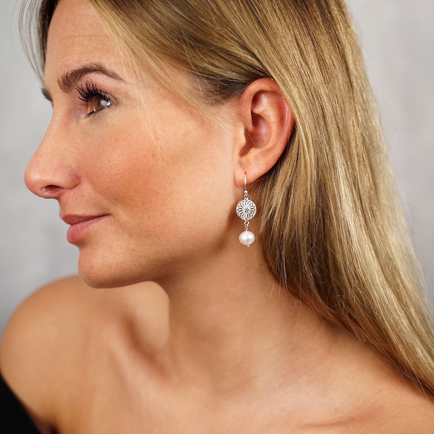 Materia Paar Ohrhänger Blume des Lebens mit Süßwasser Perle weiß SO-305-Silber, 925 Sterling Silber