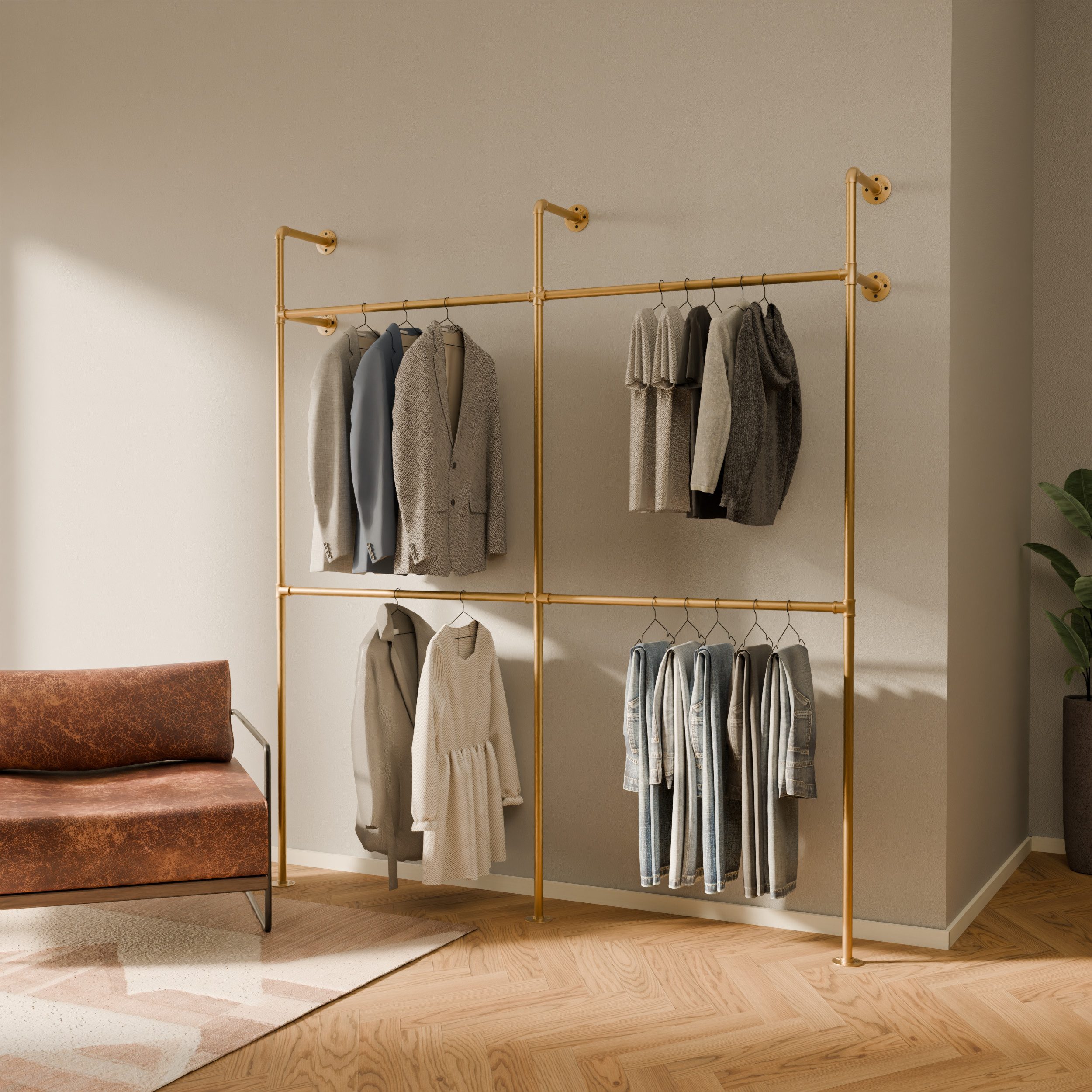 pamo. design Kleiderständer KIM DOUBLE Industrial Kleiderstange zur Wandmontage, Offener Kleiderschrank / Garderobe aus schwarzen Wasserrohren