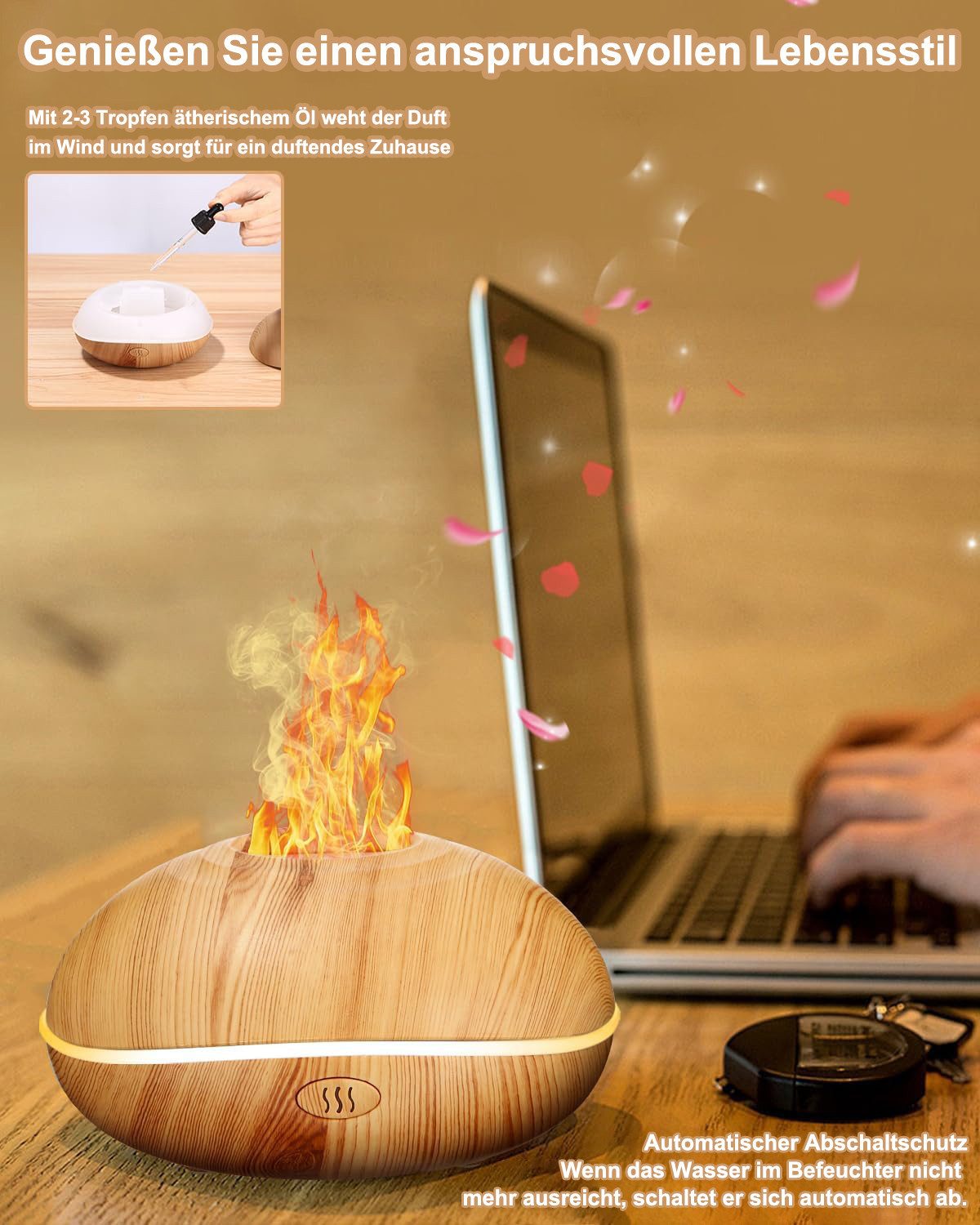 SinLaw Diffuser 3-in-1 Multifunktions-Luftbefeuchter, 200ml Flammeneffekt-Diffusor, 0,2 l Wassertank, Kann 2-8 Stunden lang ununterbrochen arbeiten