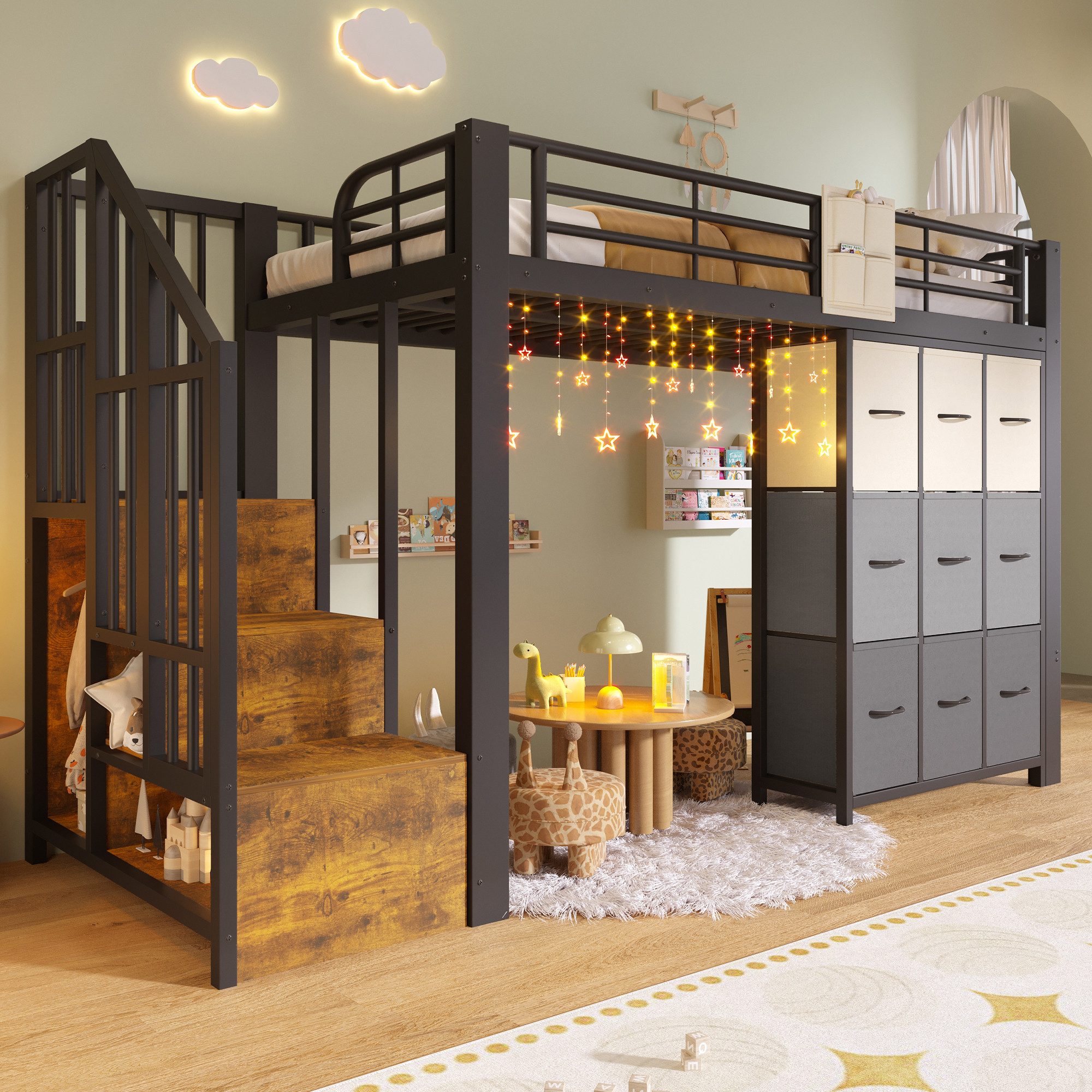 Flieks Hochbett Metallbett Kinderbett 90×200cm mit Kommode und Stauraumtreppe