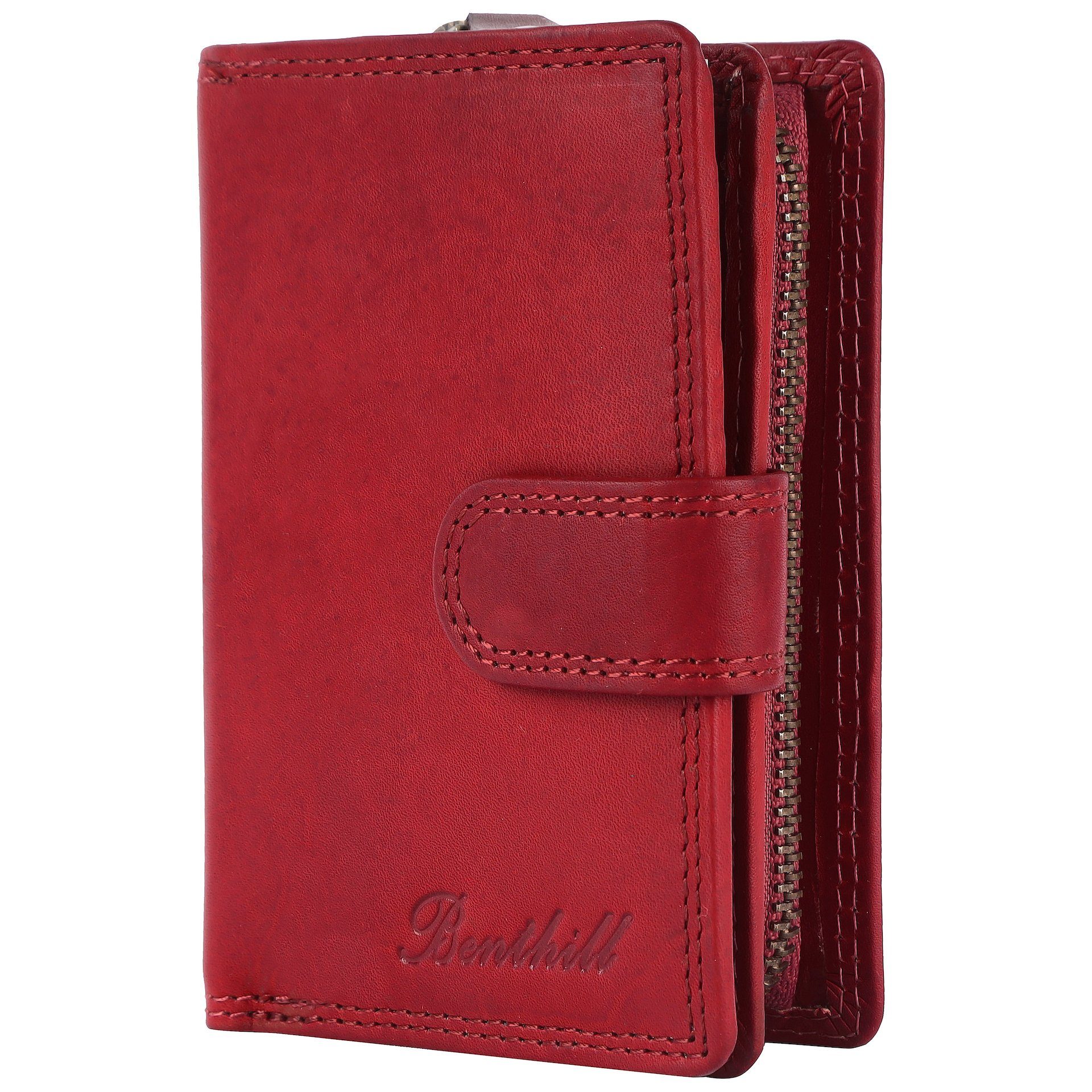 Benthill Geldbörse Damen Klein Echt Leder RFID Kleines Portemonnaie Vintage Kompakt, RFID-Schutz Kartenfächer Münzfach Reißverschlussfach Rot