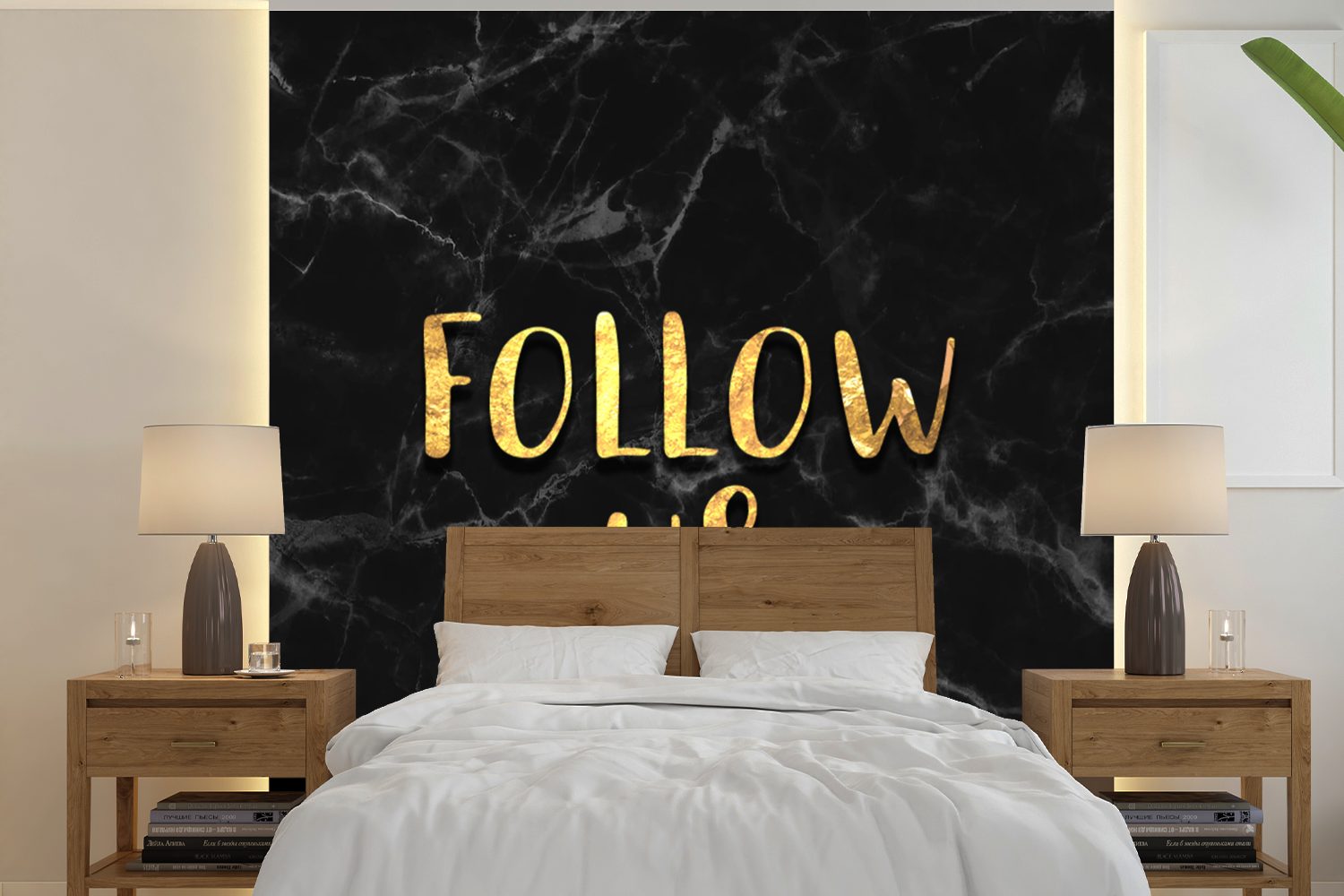 Soziale - oder bedruckt, Gold - Wohnzimmer für Schlafzimmer, Marmor, - Fototapete MuchoWow (5 St), Tapete Wandtapete Matt, Medien Vinyl Instagram