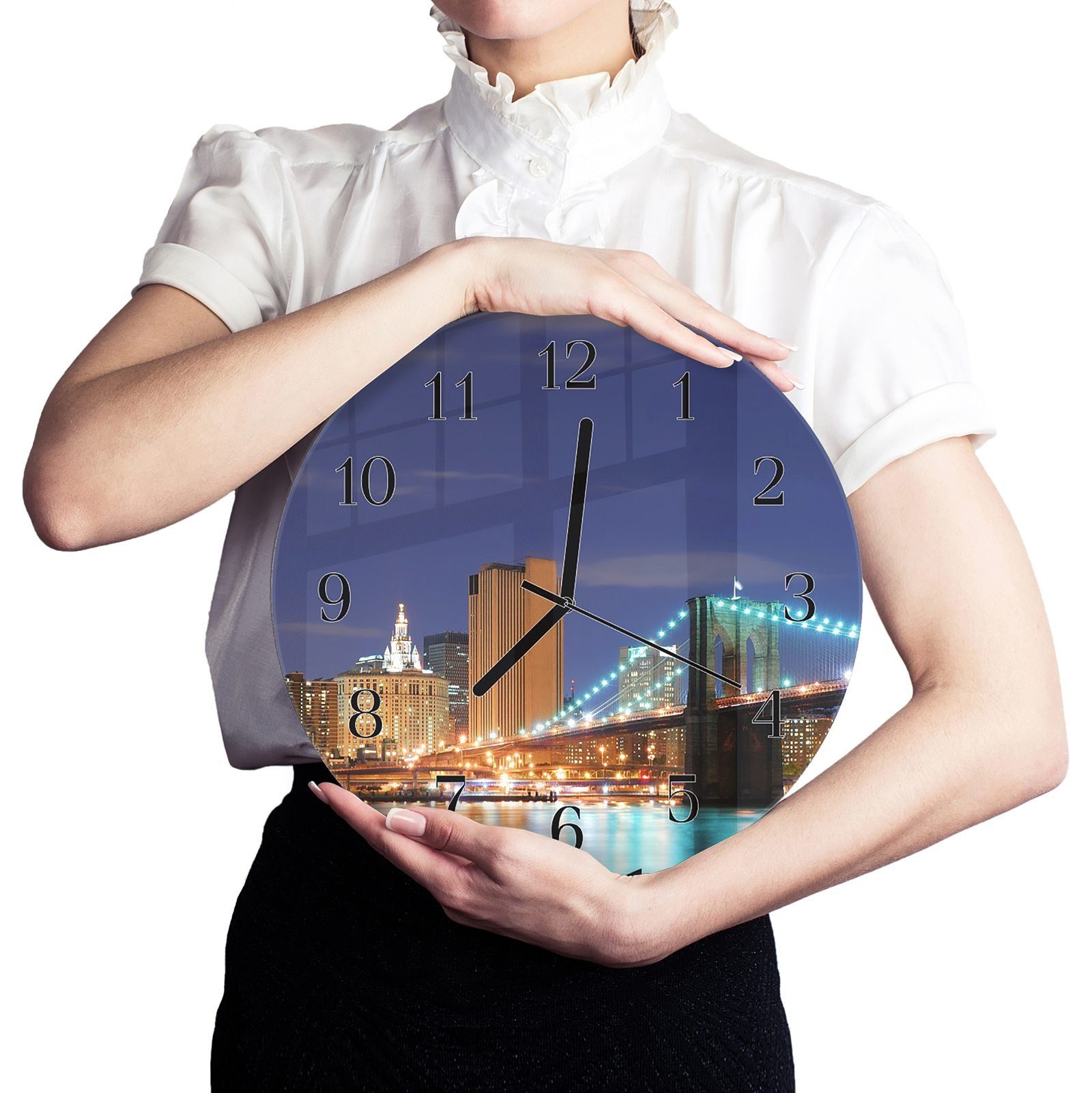 Durchmesser und New mit mit Skyline City cm Quarzuhrwerk York 30 aus Panorama Wanduhr - Rund Wanduhr Primedeco Glas Motiv