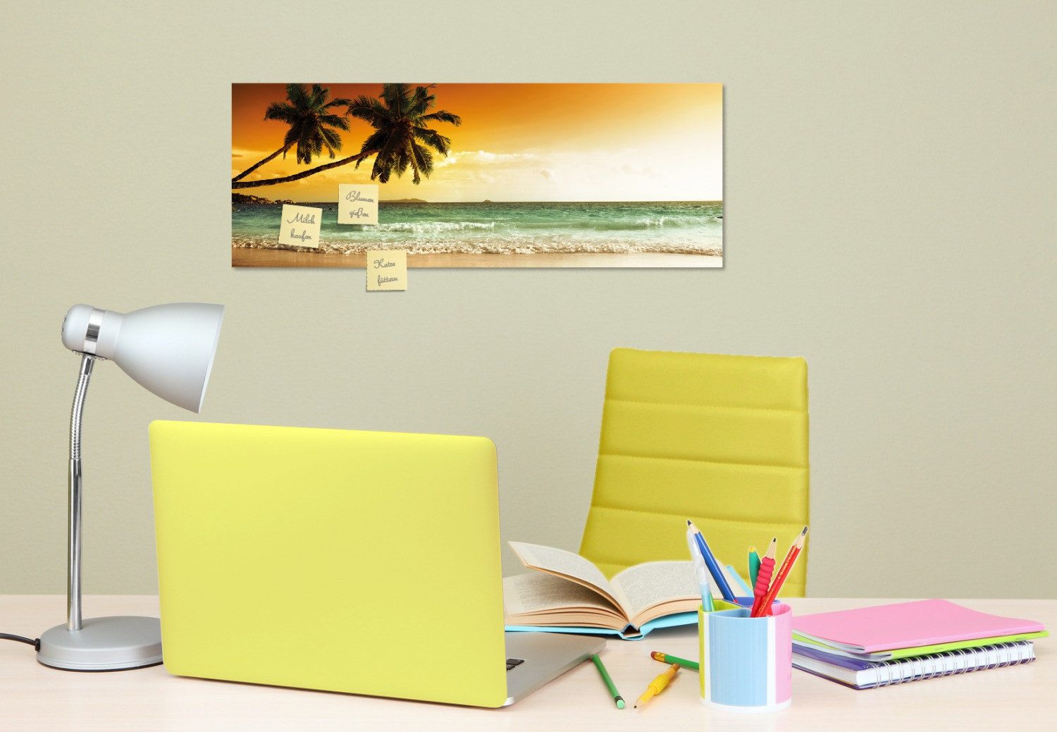 Wallario Memoboard Palmen am Sandstrand bei untergehender Sonne