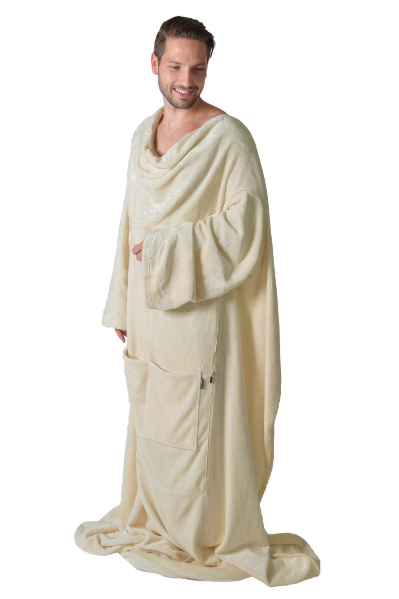 Wohndecke Flanell-Decke in Toga Stil/ Kunstfelldecken mit Ärmel und Fußtasche, RAIKOU, Schnell trocknenden,Premium soft Mikrofaser Decke Coral Fleece