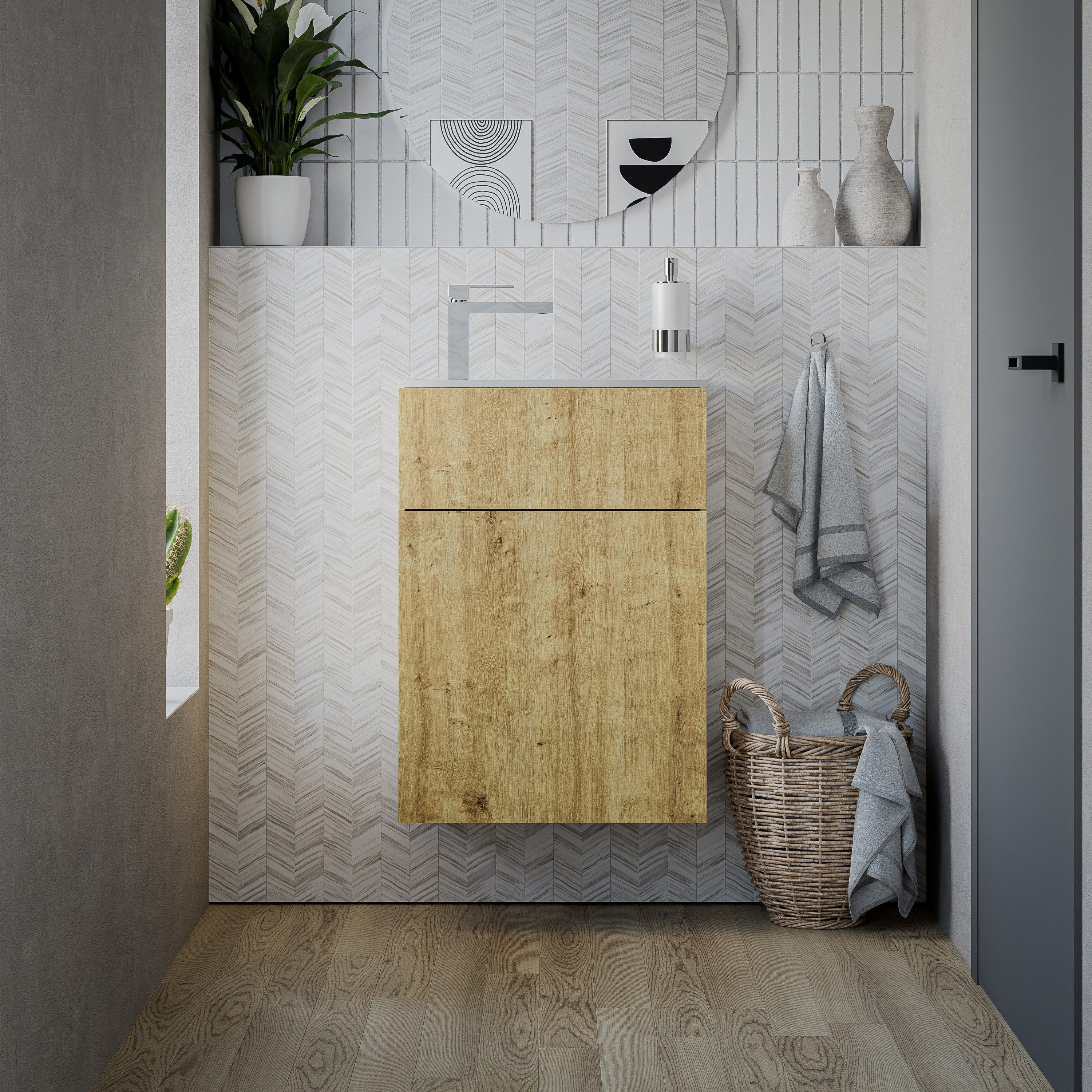 Bernstein Waschbeckenunterschrank KONDA 50cm Eiche Karamell Becken Weiß matt (Tür rechts) Gäste-Waschtischunterschrank mit Waschbecken 1 Tür