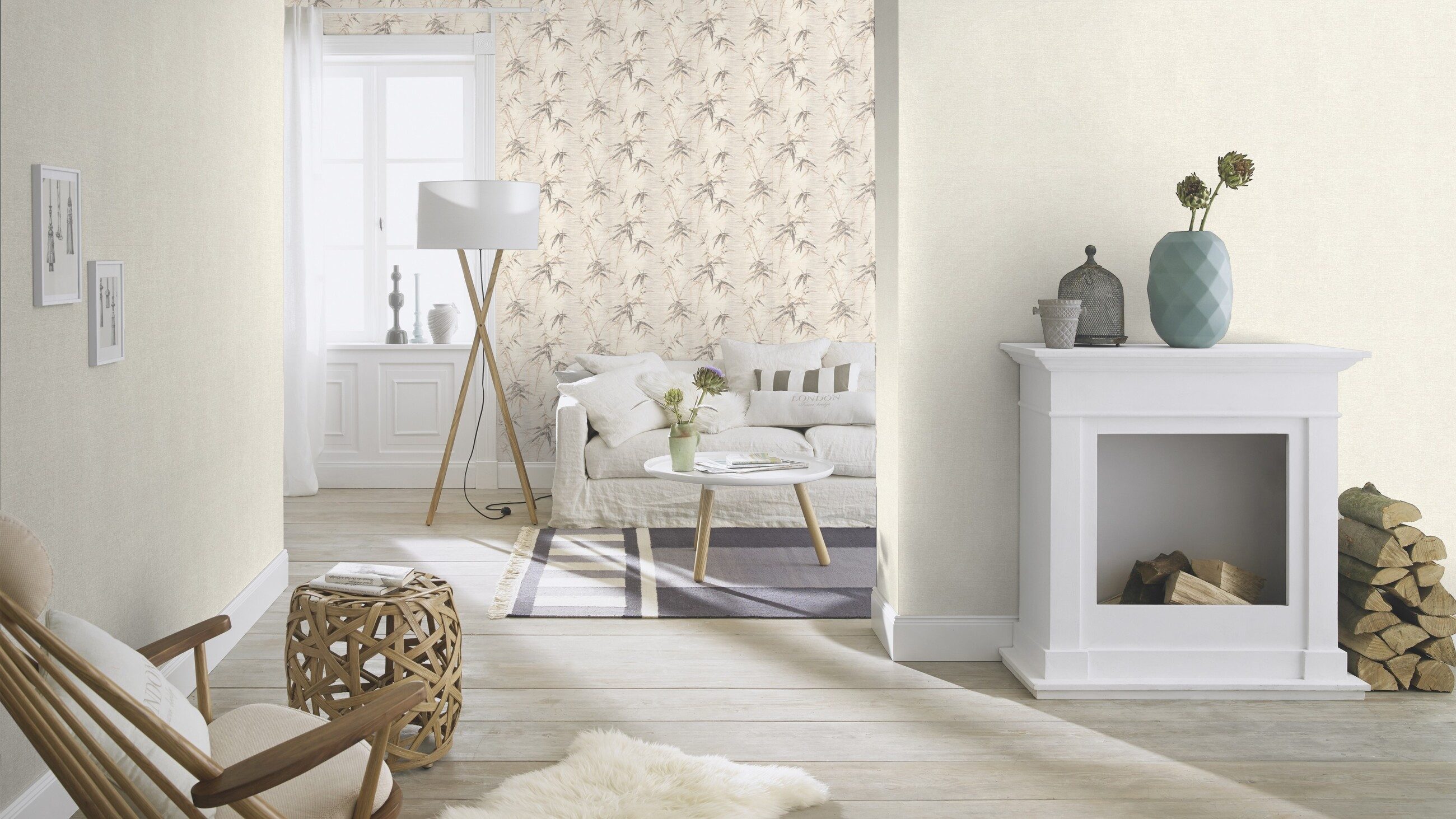 Rasch Vliestapete Bambus - Vliestapete Weiß Beige Grau, Floral, (1 Rolle, 1 St., 10,05 m x 0,53 m), gute Lichtbeständigkeit, feucht abwischbar, restlos abziehbar
