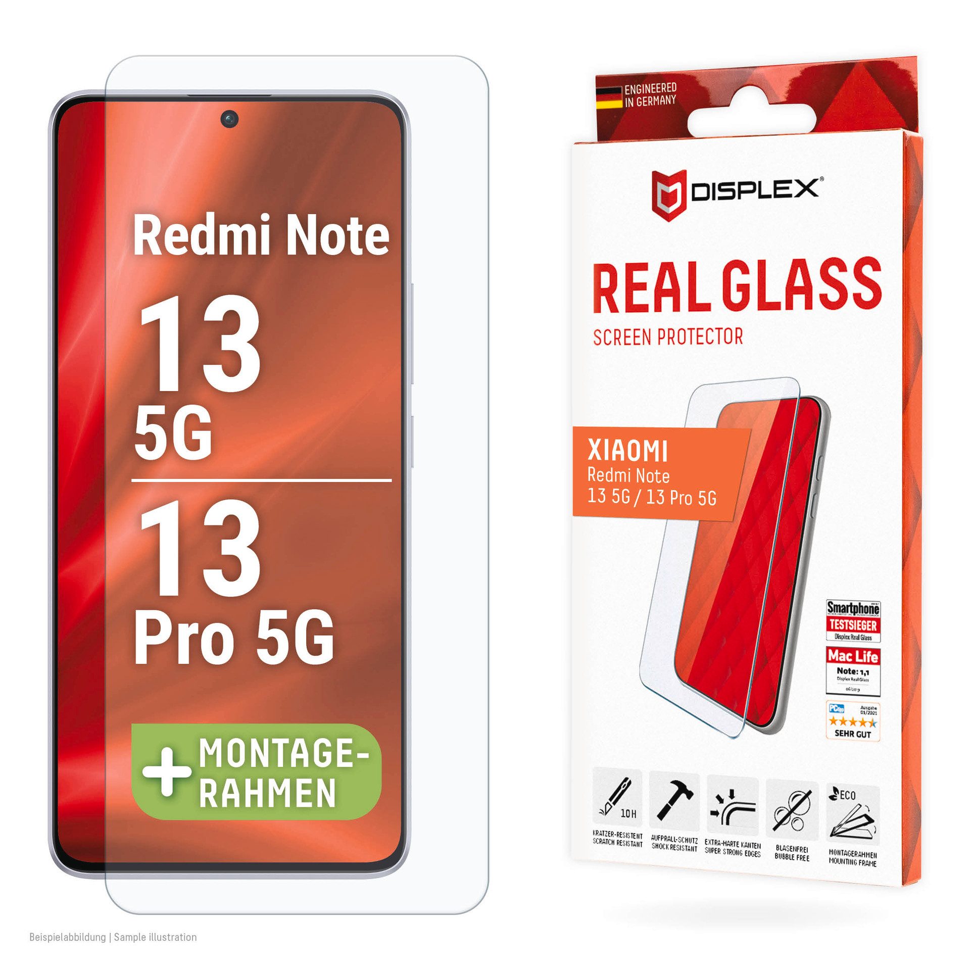 Displex Displayschutzglas Real Glass für Xiaomi Redmi Note 13 5G, Xiaomi Redmi Note 13 Pro 5G, 1 Stück, Bildschirmschutz, Displayschutzfolie,Einfach anbringen,kratz-&stoßfest
