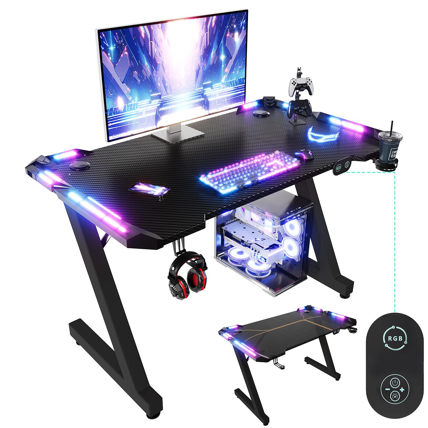 HOMALL Gamingtisch LED Gaming Tisch,Computertisch,mit RGB Lichtern 120/140/160cm (Schreibtisch mit RGB,Passender Becherhalter und Kopfhörerhaken, Z-förmige Tischbeine,Gamer-Schreibtisch)