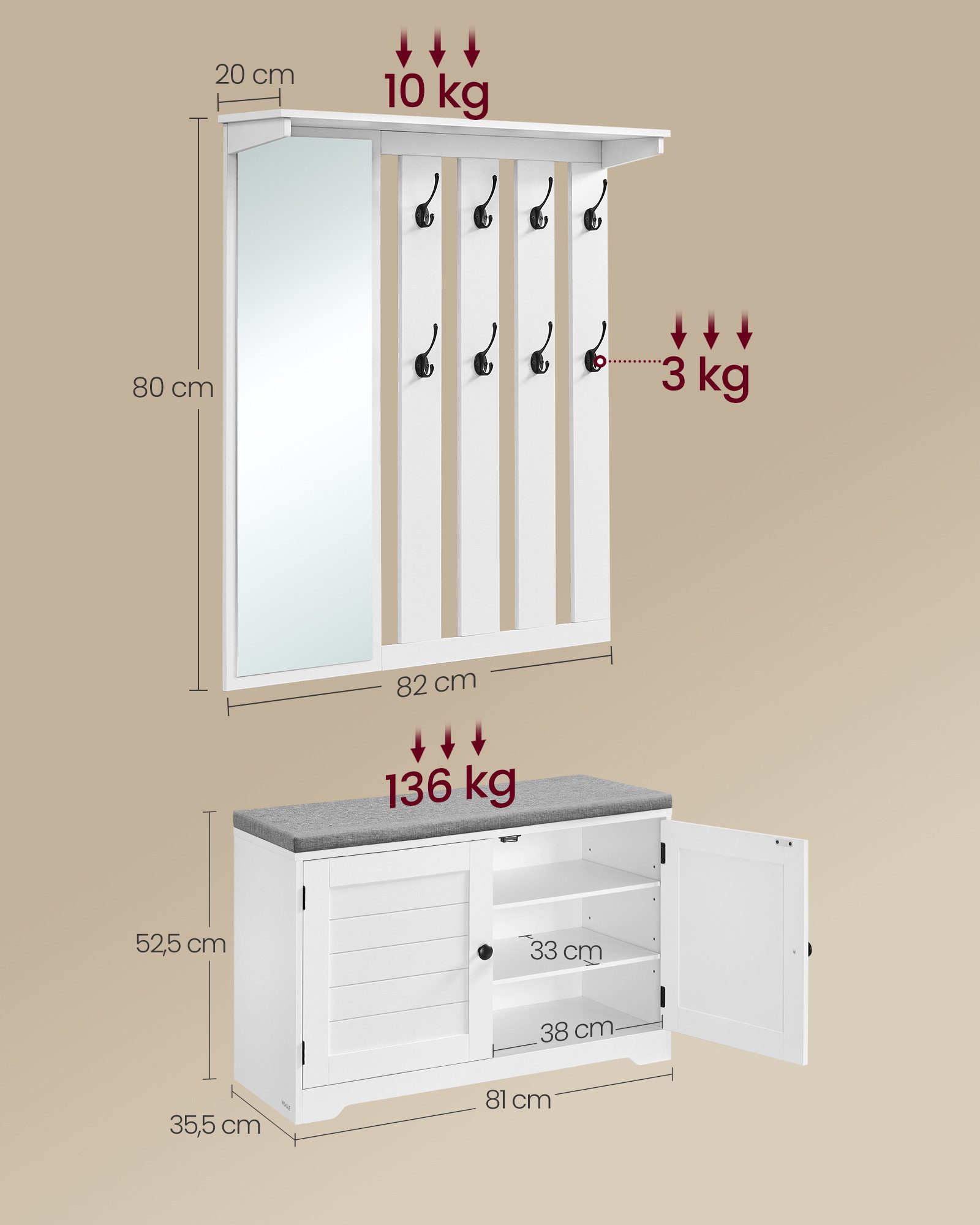 VASAGLE Schuhbank Wandgarderobe Set, Garderobe mit Spiegel, Doppeltüren, Sitzbank, 8 Doppelhaken, Schuhschrank, Sitzpolster abnehmbar, 81 cm breit – Bild 5 von 5