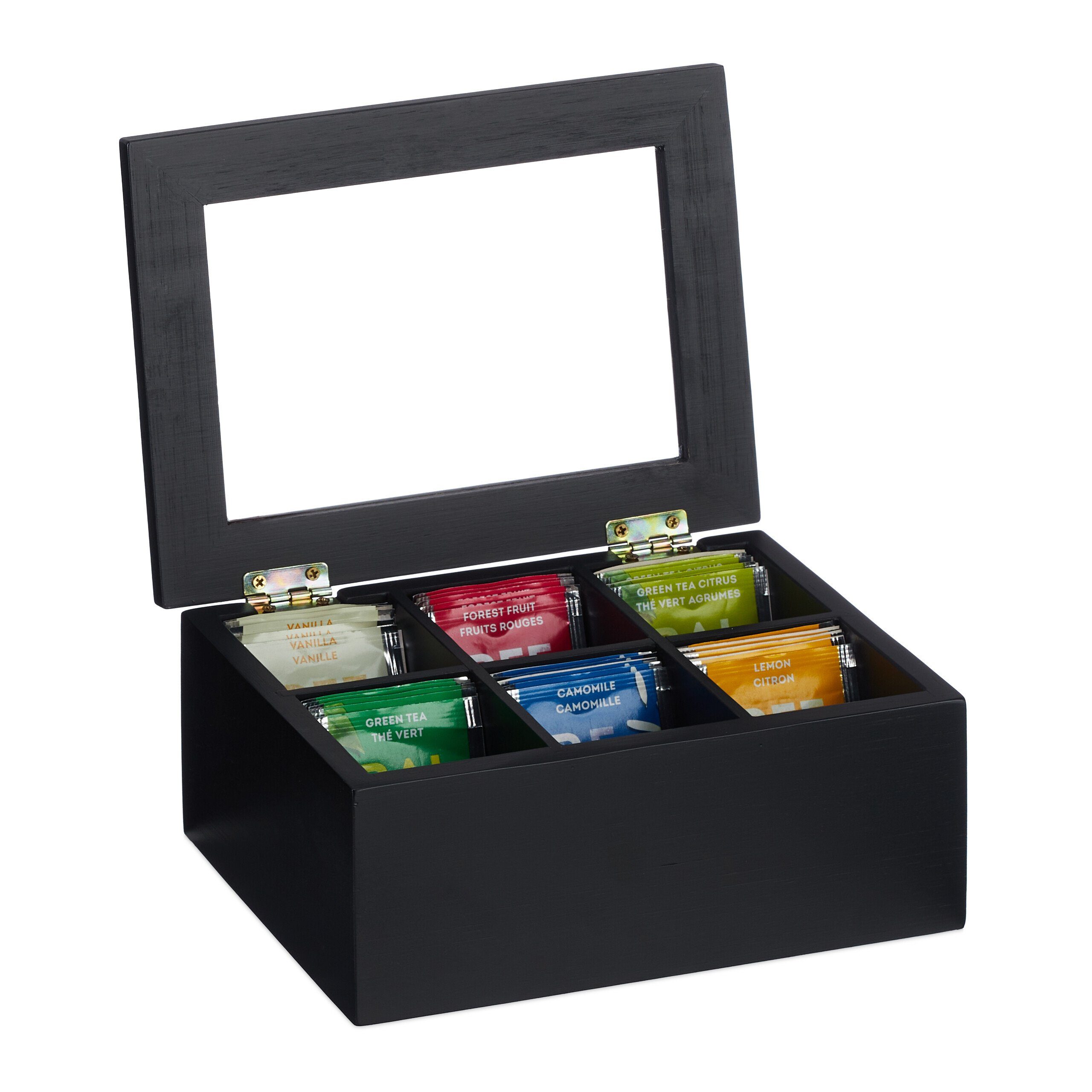 relaxdays Teebox Schwarze Teebox mit 6 Fächern, Bambus, (1-tlg)