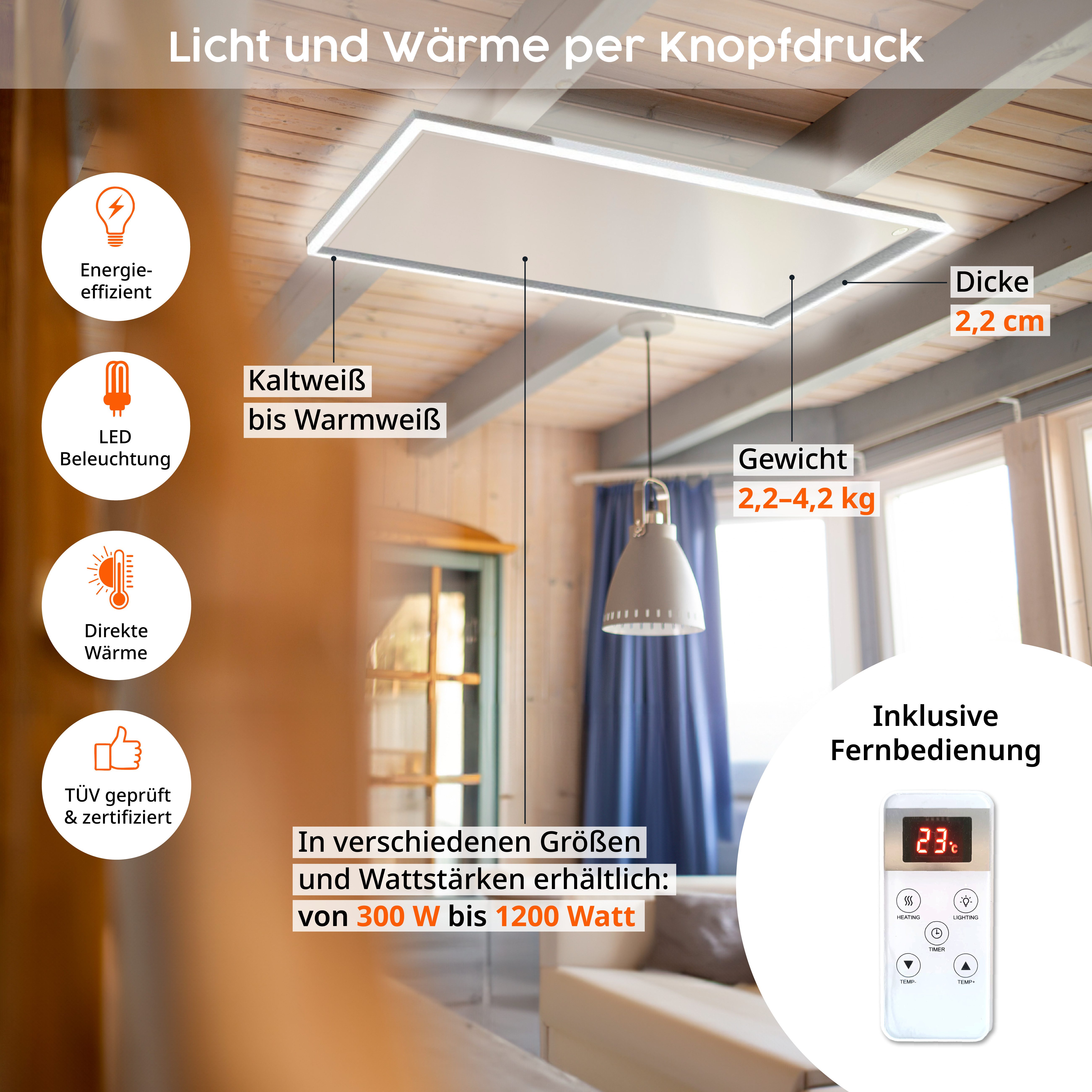 Könighaus Infrarotheizung LED Deckenheizung, praktische Steuerung per Fernbedienung – Bild 4 von 5