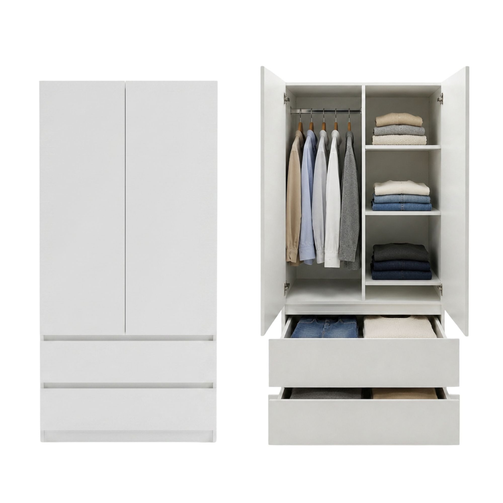 Home Collective Mehrzweckschrank Schrank Kleiderschrank Aktenschrank Hochschrank 2-türig 2 Schubladen (Garderobenschrank, Universalschrank Flur, Büro oder Schlafzimmer) 90x50x180 cm, robust & vielseitig, viel Stauraum Weiß